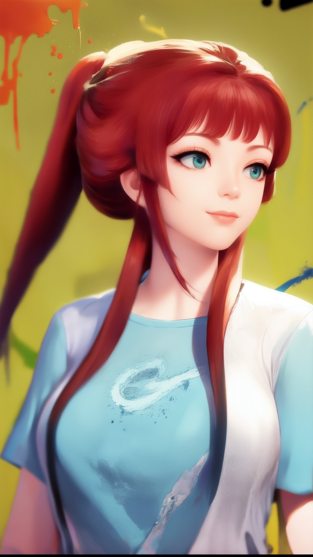 masterpiece, best quality, 1girl, ponytail, blunt bangs, red hair, aqua eyes, light smile, looking at viewer, paint splatter background, oversized t-shirt, upper body, closed mouth