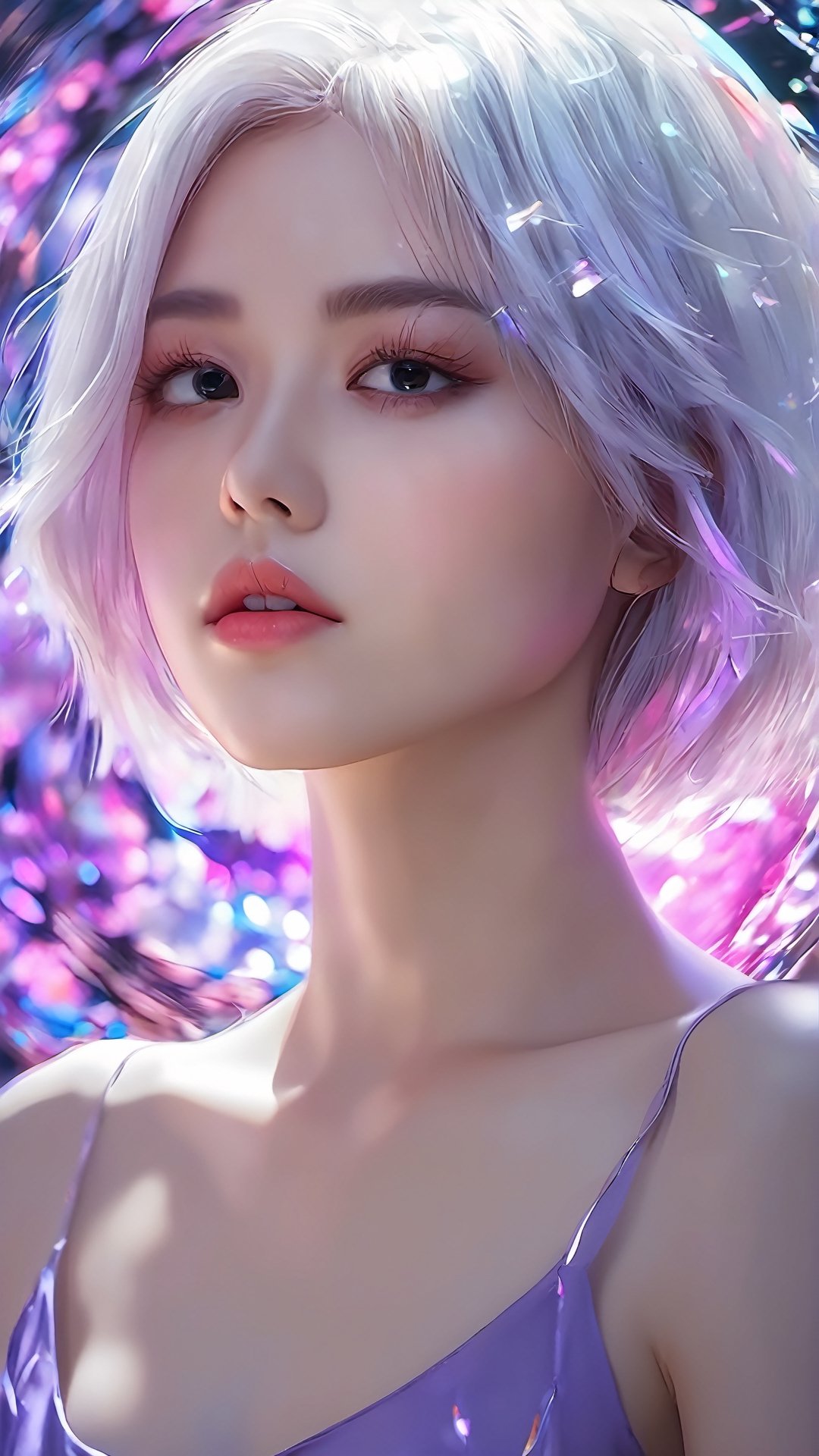 (masterpiece, best quality, ultra-detailed, best shadow), (detailed background,dark fantasy), (beautiful detailed face), high contrast, (best illumination, an extremely delicate and beautiful), ((cinematic light)), colorful, hyper detail, dramatic light, intricate details, (1girl, solo,white hair, sharp face,purple eyes, hair between eyes,dynamic angle), blood splatter, swirling black light around the character, depth of field,black light particles,(broken glass),magic circle,xxmix_girl,photo r3al,Eimi,DonMChr0m4t3rr4XL ,arch143,BRS0
