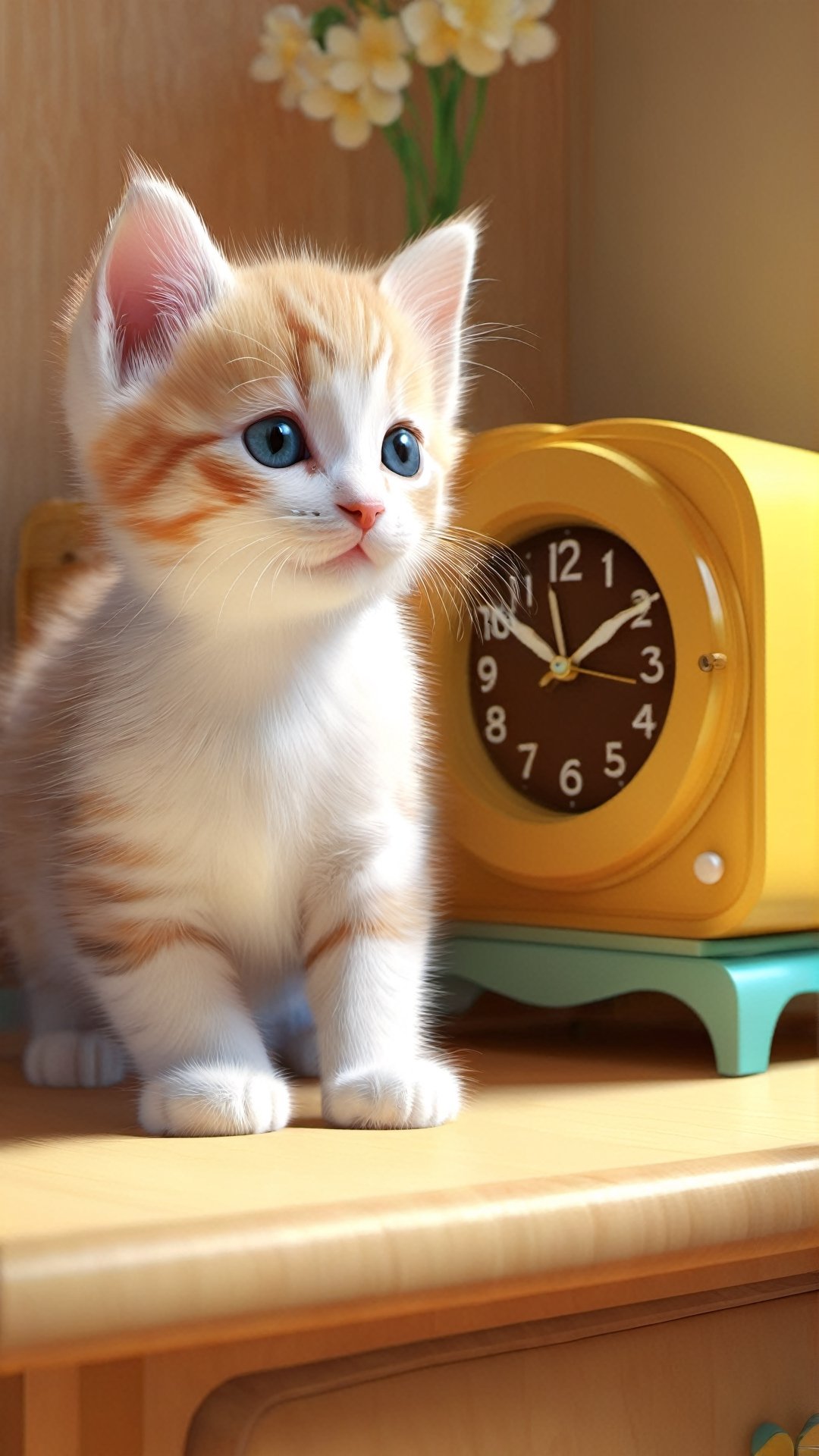 kitten playing in room, digital rendering, by Goro Fujita, Shutterstock, in room, clock on mini dresser, super cute, stock photo, NYFlowerGirl, Xxmix_Catecat, sticker, F41Arm0rXL,Leonardo Style