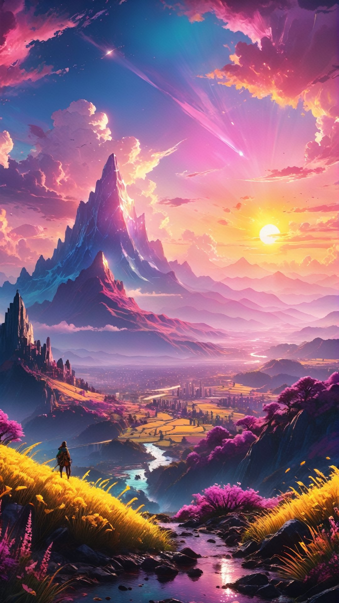 Distant lush mountains with pink anime sky clouds backlit by yellow sun, godrays, high contrast, vibrant colors, vivid colors, high saturation, fantasy, artwork, aesthetic, calming, very beautiful scenery, hd, hdr, ue5, ue6, unreal engine 5, cinematic, 4k wallpaper, 8k ultra, by Greg Rutkowski and Jesper Ejsing and Raymond Swanland and alena aenami, featured on artstation, wide angle