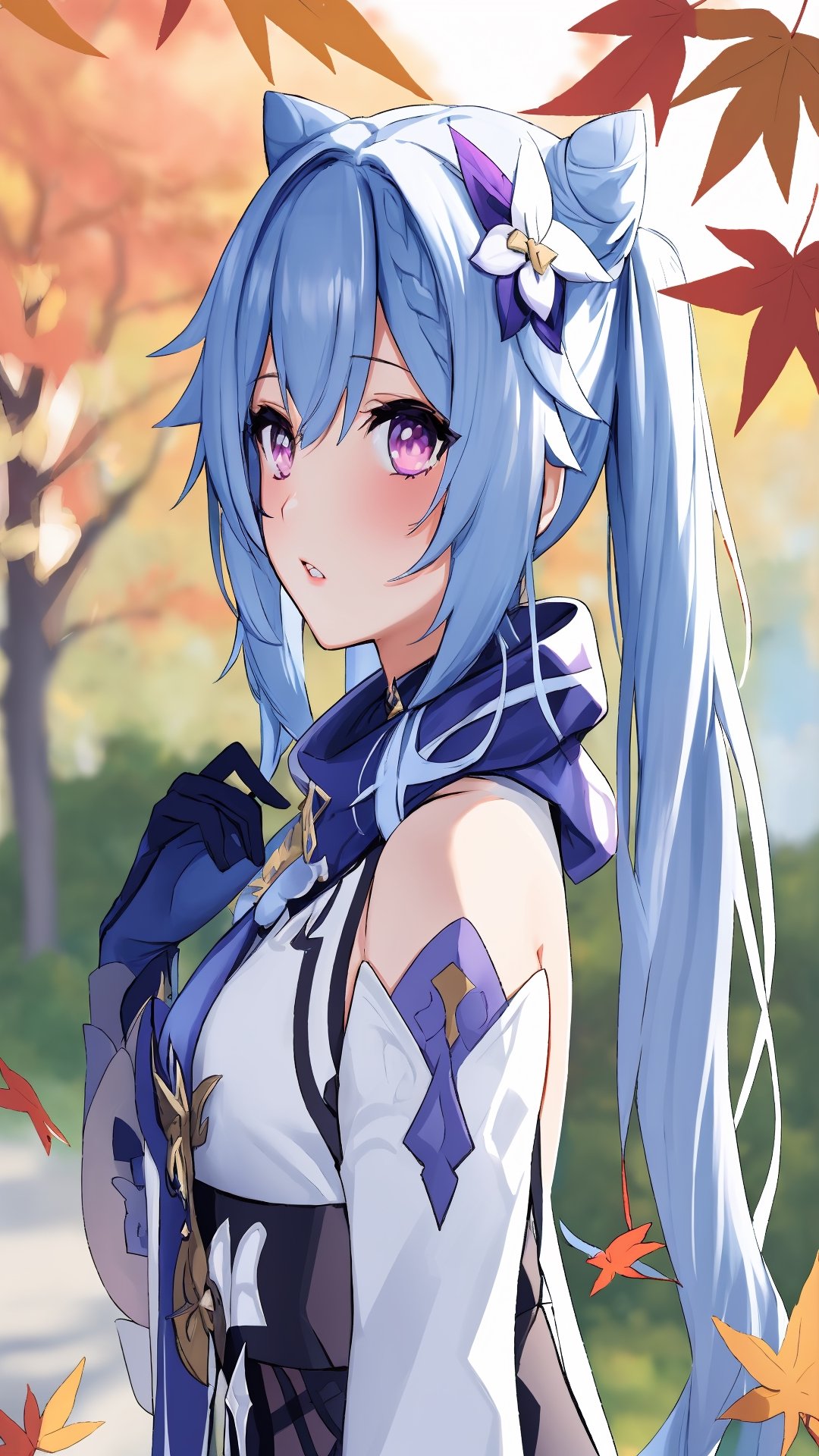 (high contrast), (masterpiece), best quality, ultra-detailed, illustration, keqing (genshin impact), hair bun, purple hair, twintails, purple eyes, diamond-shaped pupils, hair ornament, cone hair bun, long hair, double bun, bangs, bow, hair flower, hair bow, hair ribbon, blush, parted lips, , alternate costume, brown coat, red scarf, plaid scarf, hands up, hands together, autumn, falling leaves, wind, outdoors, depth of field, from side, upper body,keqingrnd,AGGA_ST004,masterpiece