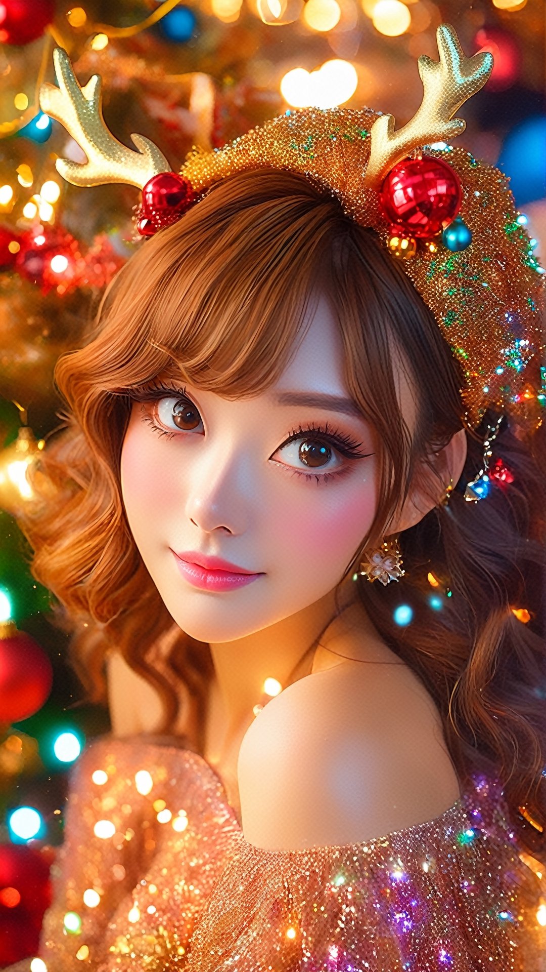 Christmas style, snowing, Christmas tree, Christmas gifts, Christmas decorations, daylight effect, (Realistic, Photorealistic: 1.37), (Masterpiece, Best Quality: 1.2), (Ultra HD: 1.2), (RAW Photo: 1.2 ), (Facial focus: 1.2), (Ultra-detailed CG unified 8k wallpaper: 1.2), (Beautiful skin: 1.2), (Fair skin: 1.3), (Super sharp focus: 1.5), (Super sharp focus: 1.5), (Beautiful face: 1.3), (Super detailed background, detailed background: 1.3), Bokeh, depth of field, breaks, very cute and beautiful photos ((Japanese little chibi 🦌princess with Japanese style hair and small antlers: 1.4)), ( 21 years old: 1.1), ((Extra wide full body: 1.6)), ((Chibi in Christmas costume: 1.5)), (Christmas flowers in bloom: 1.4), (Studio lights: 1.3), (Movie lights: 1.3), (Backlight: 1.3), full body lighting, Look Straight, dynamic pose, BREAK, (gorgeous and luxurious DOIR dress: 1.3, modern, delicate clothes), bare shoulders, collarbone, BREAK, (beautiful eyes, princess eyes), (mahogany hair , single hair, bangs, curls), (between eyes), (slender,), solo, (parted lips, pink lips), (shiny skin), glitter jewelry, BREAK, (detail of Terragen waterfall and river background: 1.25, night background, indoor), Chibi wearing Christmas clothes and Santa hat, (KnollingCase: 1.4), Christmas flowers, Christmas tree, gift box, bells, Christmas socks, (seductive smile: 1.15) , (perfect female body), (transparent 💎👠: 1.4), perfect anatomy, perfect proportions, facial focus, surreal photos, ultra-clear images, ultra-detailed images, beautymix, chibi, Christmas gifts on feet side,Apoloniasxmasbox