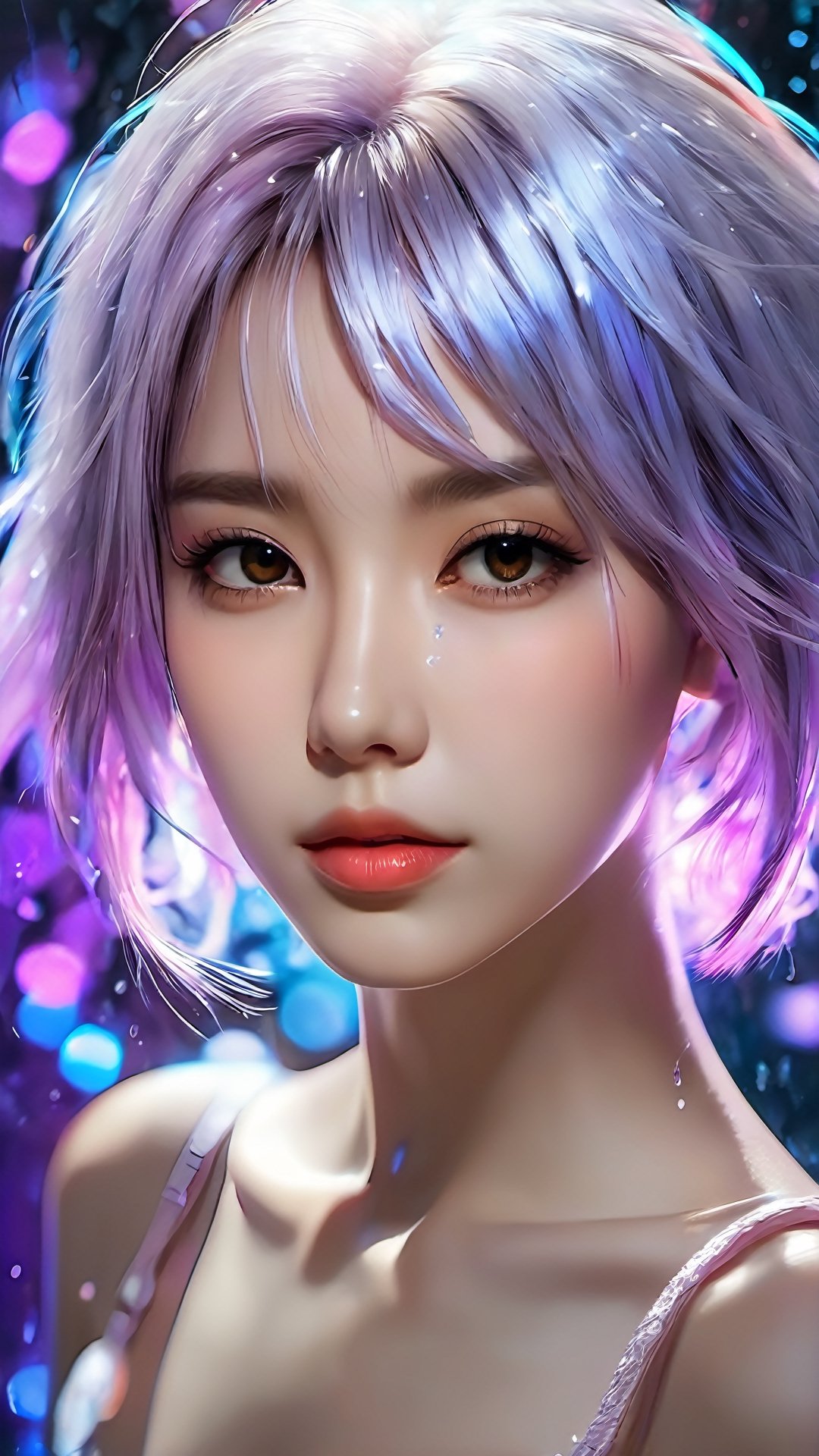 (masterpiece, best quality, ultra-detailed, best shadow), (detailed background,dark fantasy), (beautiful detailed face), high contrast, (best illumination, an extremely delicate and beautiful), ((cinematic light)), colorful, hyper detail, dramatic light, intricate details, (1girl, solo,white hair, sharp face,purple eyes, hair between eyes,dynamic angle), blood splatter, swirling black light around the character, depth of field,black light particles,(broken glass),magic circle,xxmix_girl,photo r3al,Eimi,DonMChr0m4t3rr4XL ,arch143,BRS0,FilmGirl