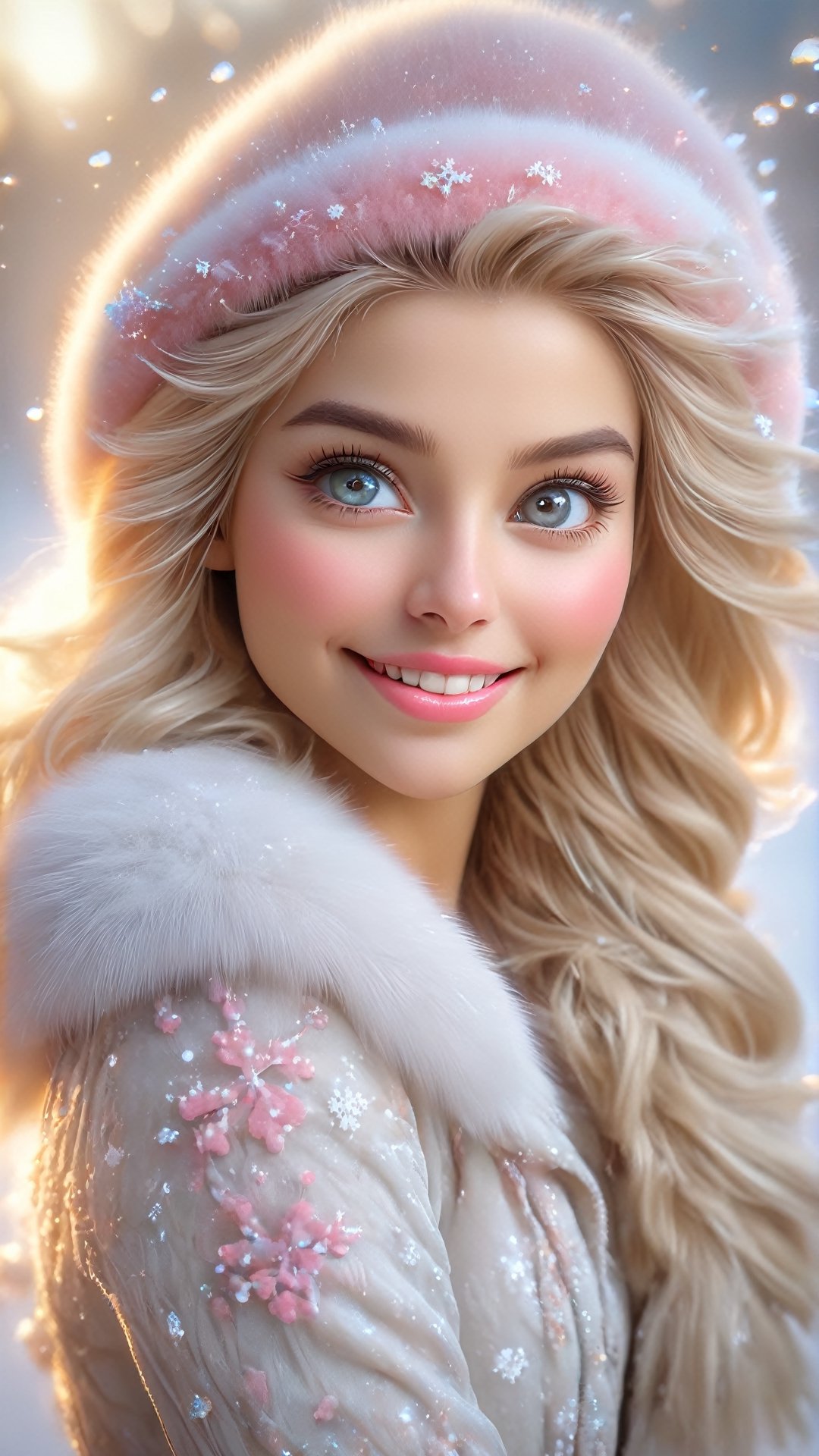 (best quality, 4k, 8k, highres, masterpiece:1.2), ultra-detailed, (realistic, photorealistic, photo-realistic:1.37), portrait, beautiful and smiling caucasian woman, cinematic, winter clothes, Ondas e Nuances, detailed symmetric hazel eyes, circular iris, vivid colors, winter scenery, soft snowflakes falling, icy breath, rosy cheeks, pure white background, subtle warm lighting, innocence and radiance, sparkling eyes, joyful expression, luxurious fur trim on the clothing, frosty winter air, subtle wind blowing through her hair, subtle hint of pink in her lips, elegant posture, confident stance, delicate snowflakes decorating her hair, long flowing blonde hair, wonder and serenity in her gaze, captivating beauty, snow-covered trees in the background, peaceful and enchanting winter scene.