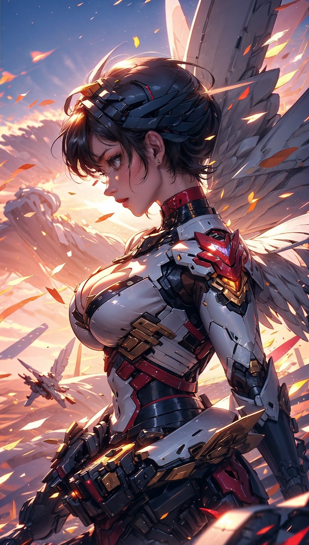 (4k), (masterpiece), (best quality), (sharp focus), (award winning), (cinematic lighting), (extremely detailed), (epic), beautiful Valkyrie girl, Valkyrie can fly in the sky, very short hair, black hair, bright brown eyes, holding a magical valkyrie sword, big giant angel wings, gigantic breasts, cleavage, Valkyrie fly in blue sky, Valkyrie battle against F-22 in the sky, dynamic_pose, long-distance view, side view, fantasy00d, beams light effect, symmetrical, mecha, F-22, ,sunset_scenery_background