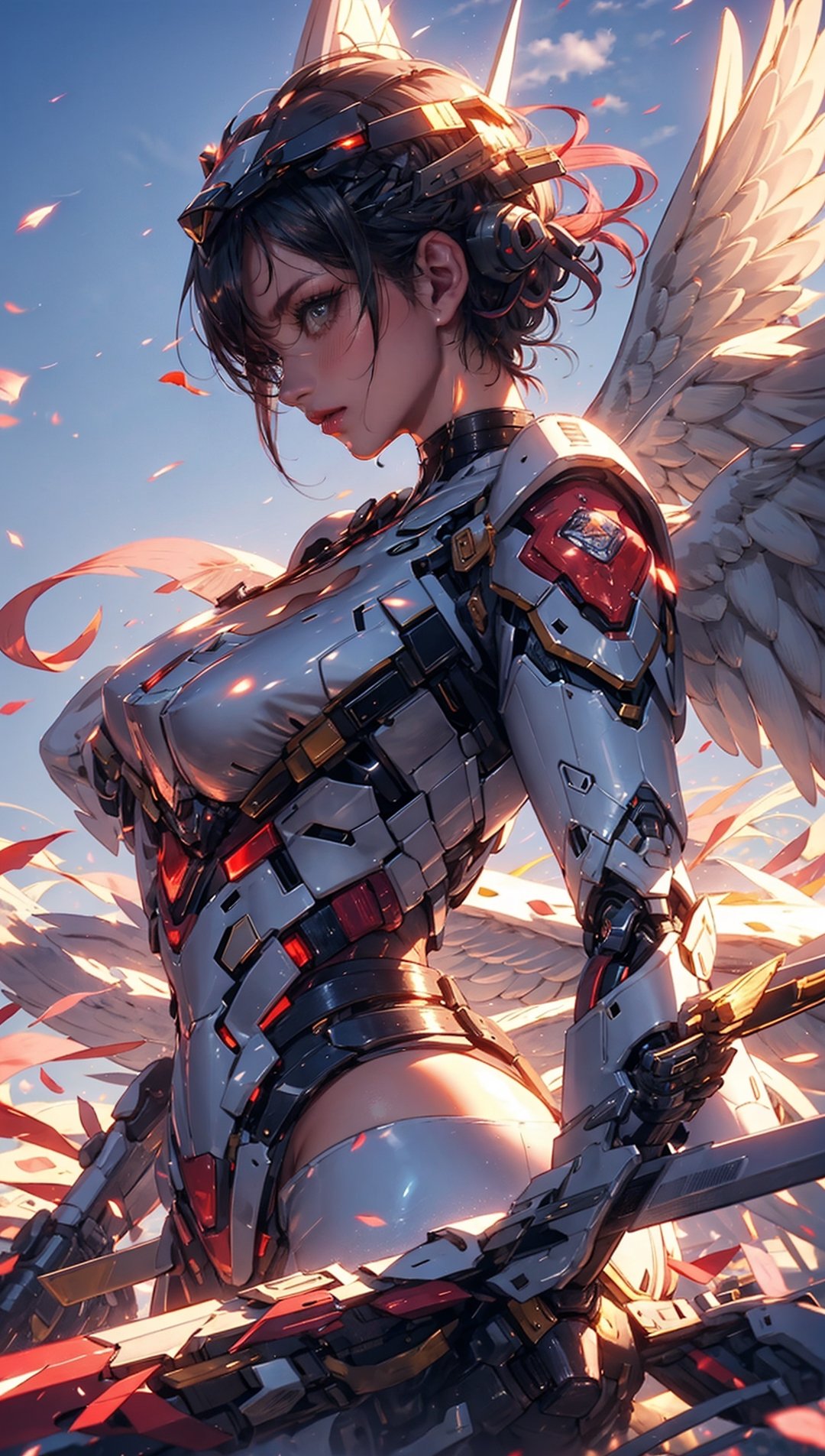 (4k), (masterpiece), (best quality), (sharp focus), (award winning), (cinematic lighting), (extremely detailed), (epic), beautiful Valkyrie girl, Valkyrie can fly in the sky, very short hair, black hair, bright brown eyes, holding a magical valkyrie sword, big giant angel wings, gigantic breasts, cleavage, Valkyrie fly in blue sky, Valkyrie battle against F-22 in the sky, dynamic_pose, long-distance view, side view, fantasy00d, beams light effect, symmetrical, mecha, F-22, ,sunset_scenery_background