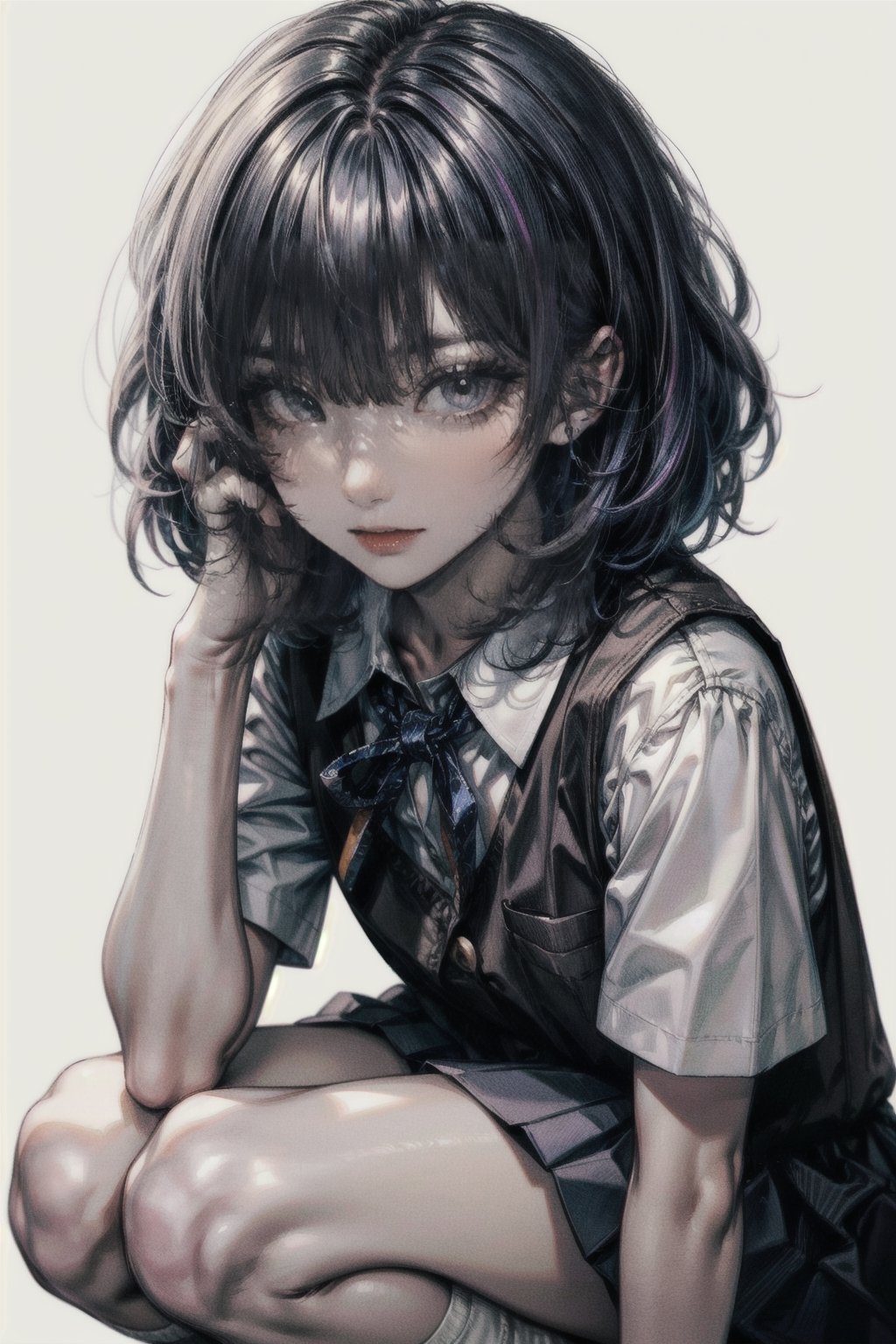 (best quality, masterpiece:1.1), (Intricate detailed:1.2),   full body,  looking at viewer, staring,   1girl, arrogant face, rainbow hair, asymmetrical bangs, hair between eyes,       school uniform, (School Dress Shirt With Button:1.1), Short Sleeves, Layered Short Skirt, Neck Tie Ribbon, White Socks, (white background:1.3),
,Detailedface
