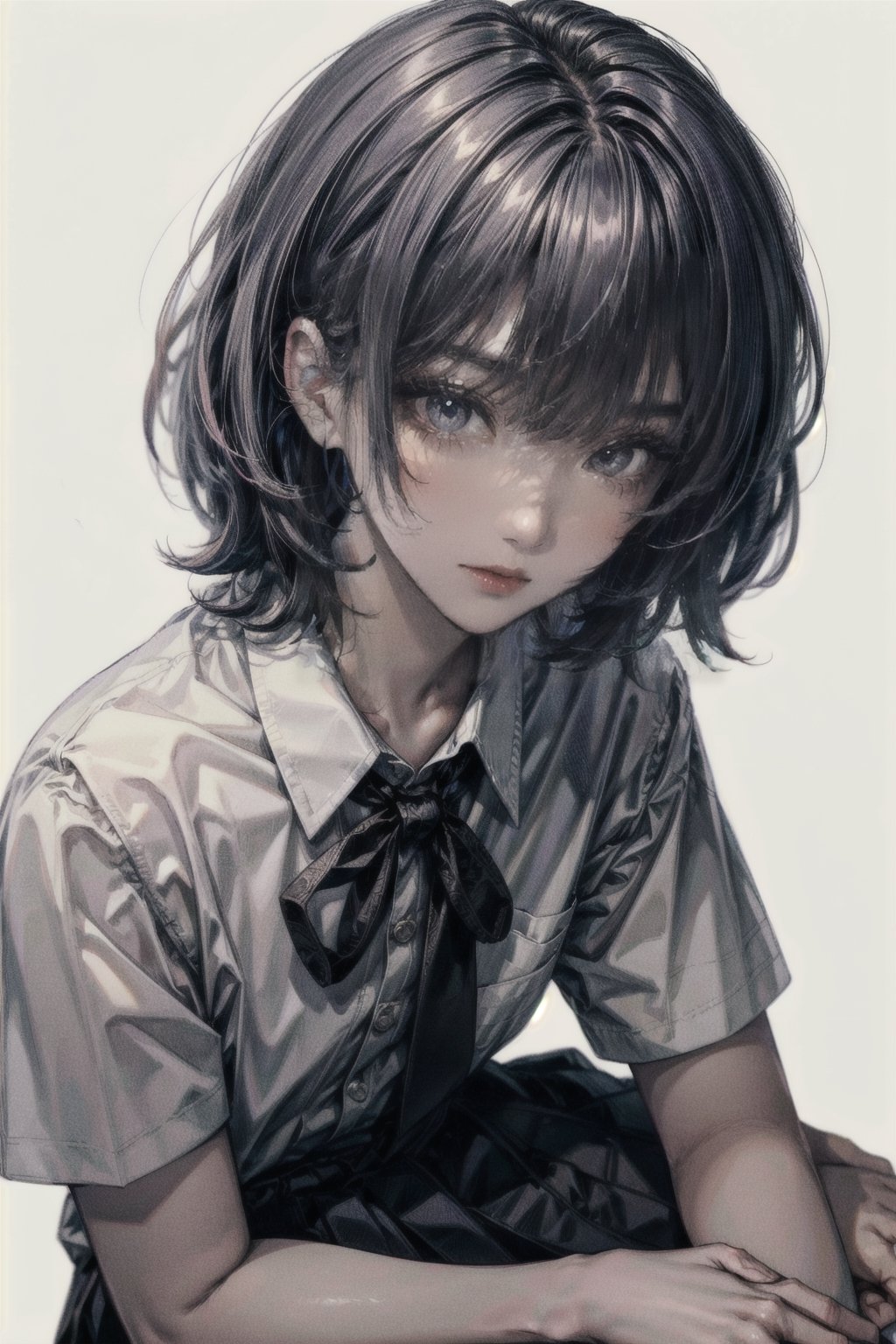 (best quality, masterpiece:1.1), (Intricate detailed:1.2),   full body,  looking at viewer, staring,   1girl, arrogant face, rainbow hair, asymmetrical bangs, hair between eyes,       school uniform, (School Dress Shirt With Button:1.1), Short Sleeves, Layered Short Skirt, Neck Tie Ribbon, White Socks, (white background:1.3),
,Detailedface