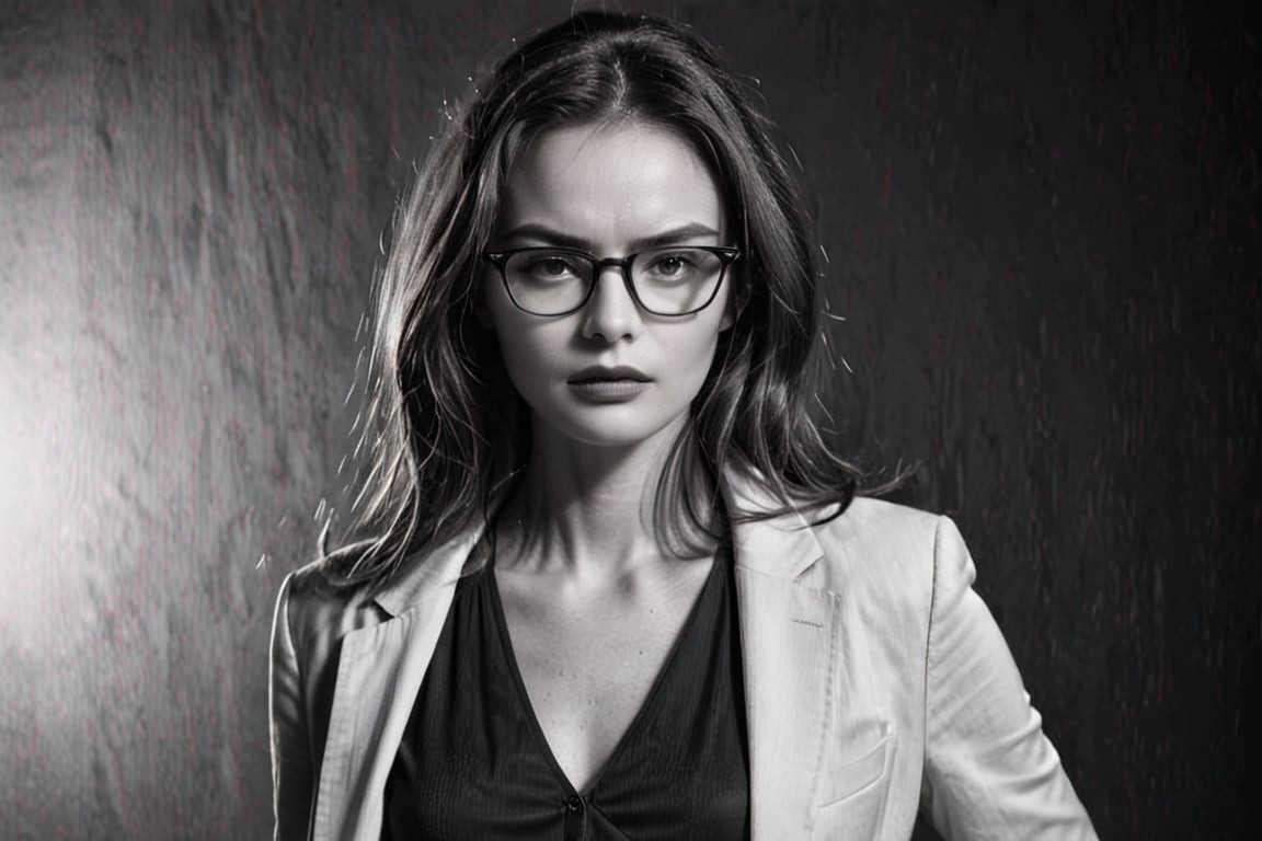 serious looking, supermodel, black and white in studio lighting, Wear glasses
,aesthetic portrait
