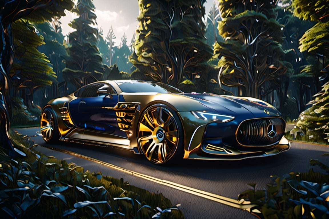 long mercedez, concept car, fancy cyborg design, futuristic, cyborg style,cyberpunk style, surrounded by trees, dense forest, dark blue color, gold color wheels, detailmaster2, high details, front perspective view