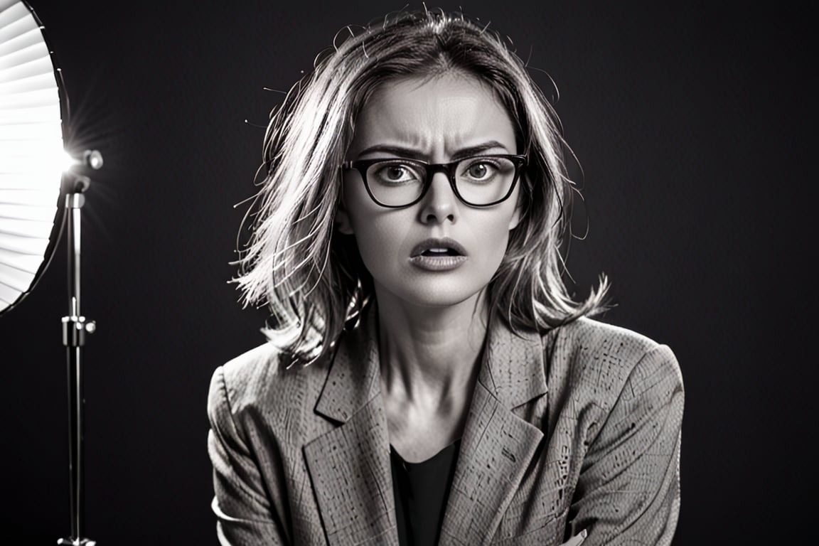 serious looking, supermodel, black and white in studio lighting, wear glasses, office wear
,better photography, exciting, shock look, SURPRISED LOOK