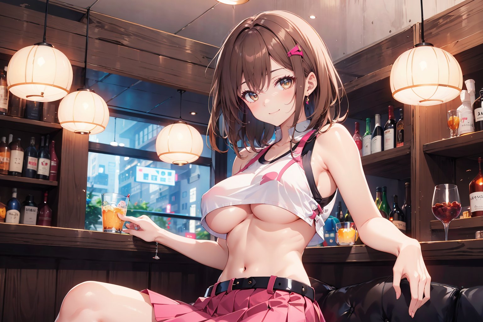 masterpiece, best quality, absurdres, perfect anatomy, 1girl, solo, brown hair, amber eyes, Belted Skirt, pink skirt, microskirt, crop tanktop, underboob, smile, indoors, bar, crossed_crop tanktop, underboob, smile, indoors, bar, crossed_legs