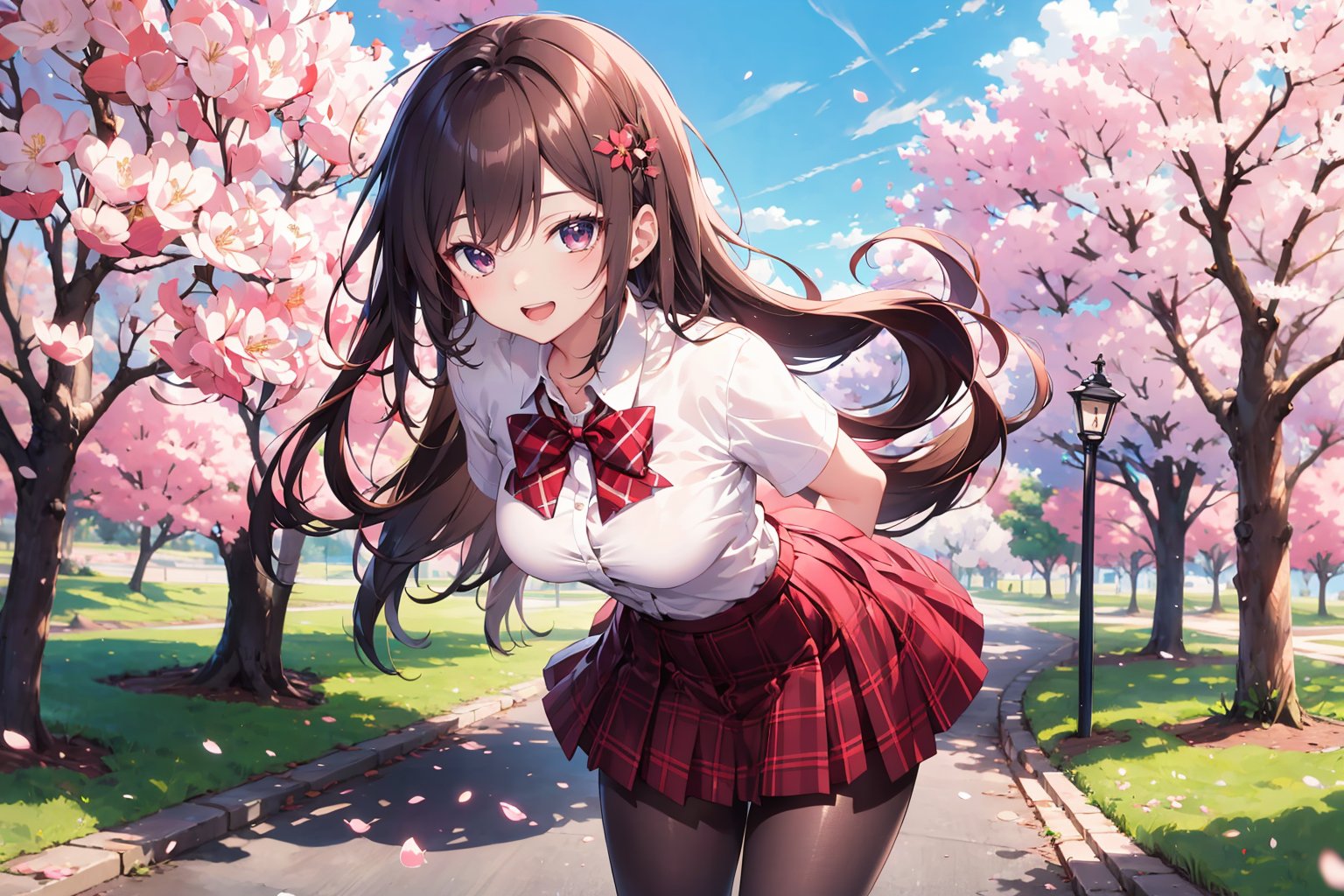 masterpiece, best quality, highres, aamahiru, long hair, red bowtie, white shirt, short sleeves, plaid skirt, brown skirt, pantyhose, , standing, cowboy shot, leaning forward, arms behind back, outdoors, cherry blossoms, smile, open mouth.