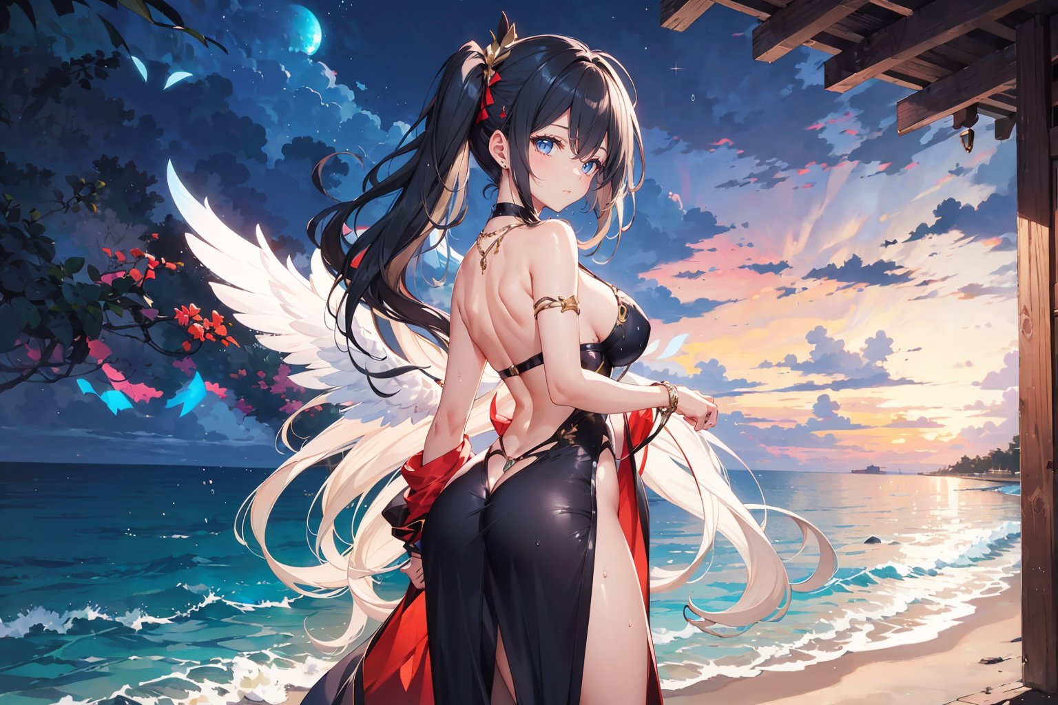 A young woman with long, flowing black locks styled in loose pigtails and adorned with a delicate necklace, stands at the beach on a drizzly evening. The wavy hair cascades down her back as she gazes out at the rain-kissed waves. She wears a breastless evening gown that shimmers in the moonlight, paired with sheer stockings and high heels that seem to defy the wet weather. Above all, a pair of ethereal angel wings sprout from her shoulders, adding an air of whimsy to this surreal scene.