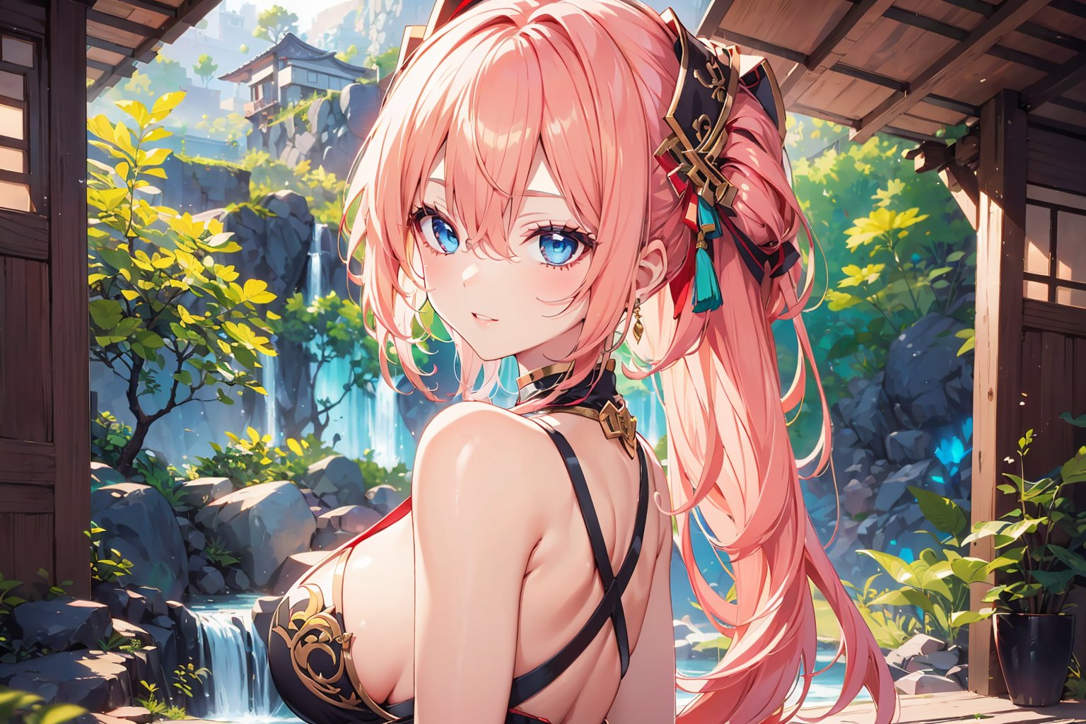 Megurine Luka posing against a serene Asian backdrop, framed by lush greenery. Soft, golden lighting highlights her porcelain skin and striking features: vibrant pink locks cascading down her back like a waterfall, piercing blue eyes shining bright, and bold red lips curved into a subtle smile. The composition focuses on her captivating face, with the natural surroundings subtly blending in the background to accentuate her beauty.