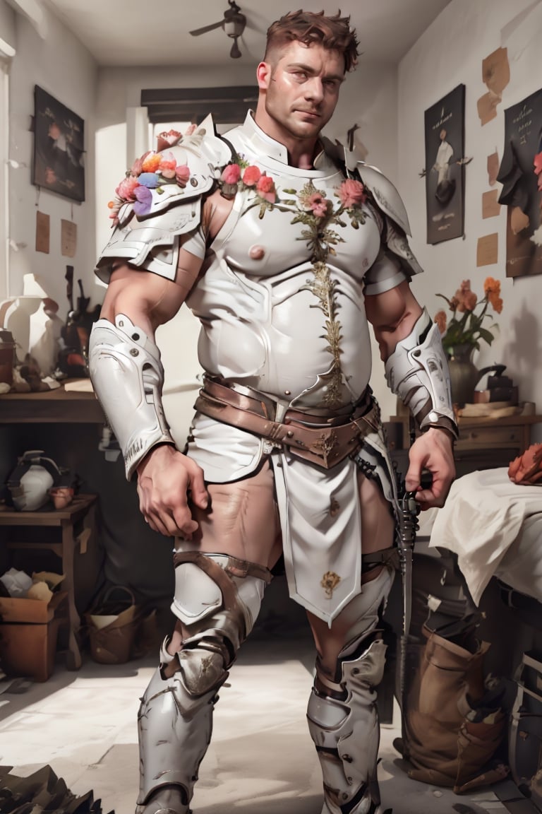 full armor, wearing armor, armor, 1man, pink bedroom background, wearing mini white skirt, slender boy , shy face  , dark hair , cute face , brown eyes, man body, sweaty body , sexy face, pink florest backwards , Greek skirt , full male body, male  ,flower4rmor,thicc , well done details, full of details , ,battoujutsu , ,b33rb3lly