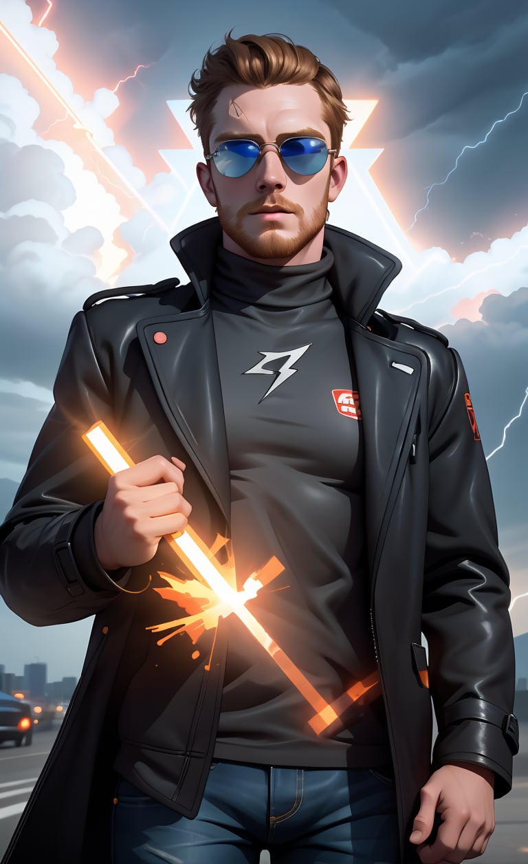 PHOTO, concept male art masterpiece, handsome gingerhaired man in coat and shirt and jeans on, holding lightning bolt, tall, combed ginger hair, short hair, facialhair, wearing well-rendered reflective sunglasses, feet out of frame, looking at viewer, stylish, flat lightning bolt themed conceptual studio background, intensely bright (ActionVFX), leica 85mm, shallow depth of field, uhd, smooth clear clean realistic professional photo image scan masterpiece, associated press, commercial image, centrefold, no crop,lantzer