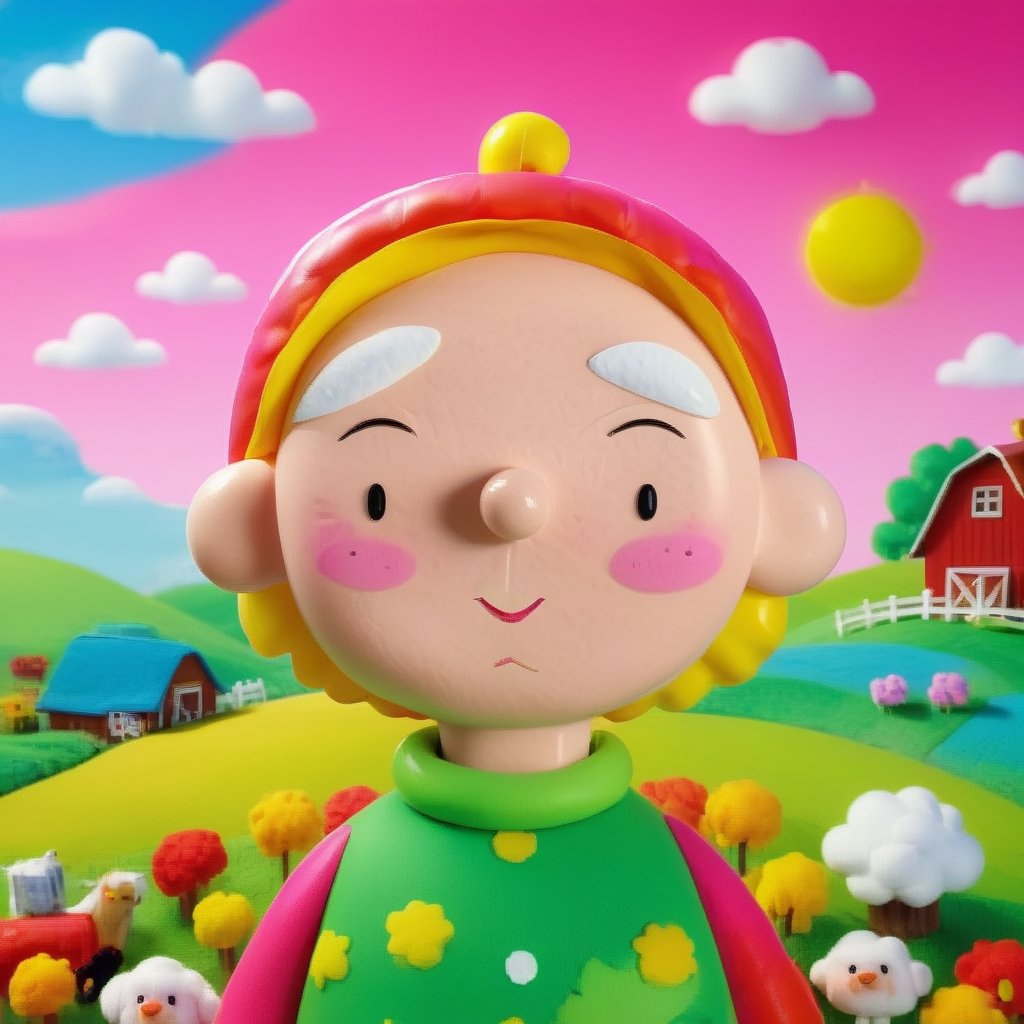 my granny,toy_face, puffy farm with soft vivid colours background, ,<lora:659095807385103906:1.0>