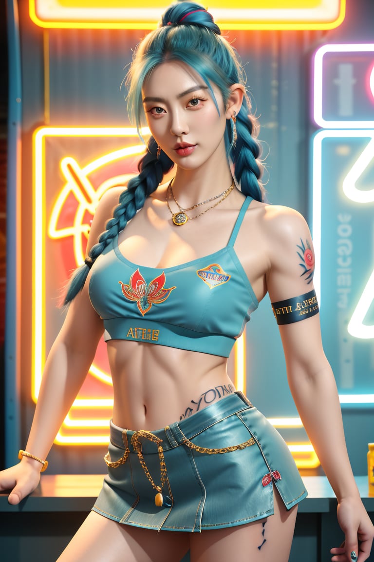 Prod1gy, a dashing slender thin Korean female model, her perfect striking feminine delicate body shoulders poses confidently amidst the vibrant atmosphere of a tattoo parlour. Her blue hair features braids and bling ornaments, complemented by her truly pale delicate Asian complexion highlighted by softglow-effect. She dons a well-rendered fully-clothed chav-inspired crop-top and plastic miniskirt, proudly displaying her new arm tattoos. The studio is set against the backdrop of intricate tattoo posters, objects, and faded professionals in the background. A majestic masterpiece, captured with precision using Leica's 85mm lens, under warm studio lighting, emphasizing every detail of this stunning image., ,HIGHLY DETAILED