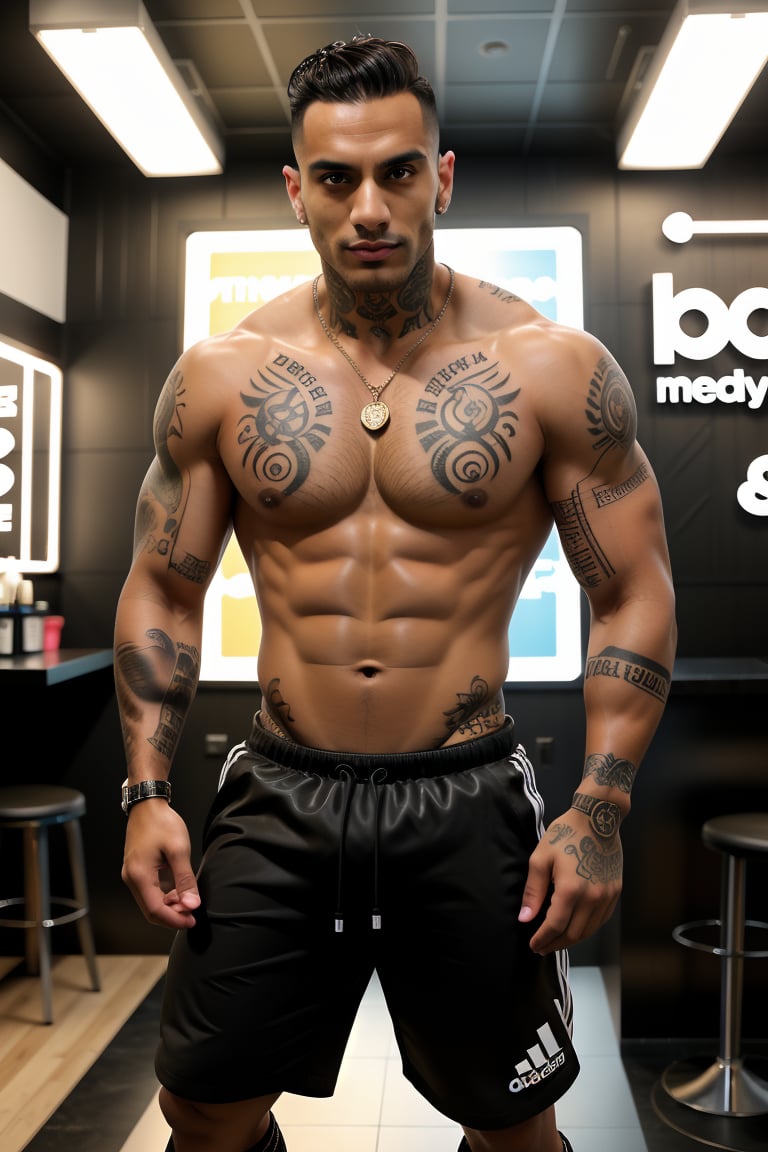 Prodigy, a dashing Latino soccer player, stands confidently in a realistic tattoo parlour setting. His wavy hair and dark skin radiate charm as prominent cheekbones and a cleft chin add to his stunning male presence. He proudly displays his chest and arm tattoos while wearing well-rendered chav nylon Adidas shorts. The background features accurate decorations like tattoo ink, sketches on paper, and a mirror, creating a truly cool professional realism masterpiece.