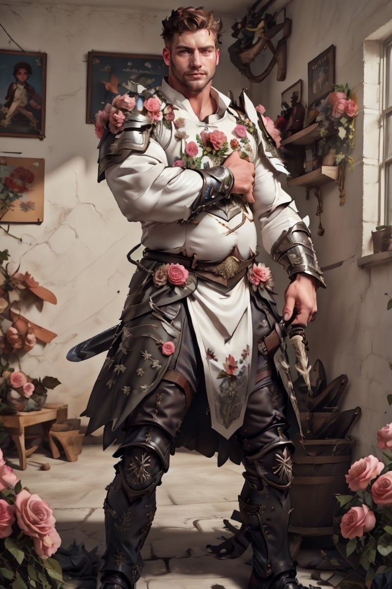 full armor, wearing well-rendered floral armored, armor, 1man, must be (pink) intricate bedroom background, roses, poetic, wearing mini white skirt, slender boy , plump, shy face  , dark hair , cute face , brown eyes, man body, sweaty body , sexy face, pink florest backwards , Greek skirt , full male body, male  ,flower4rmor,thicc , well done details, full of details , smooth clear clean creative masterpiece, softglow effect, highres image scan, associated press,battoujutsu , ,b33rb3lly