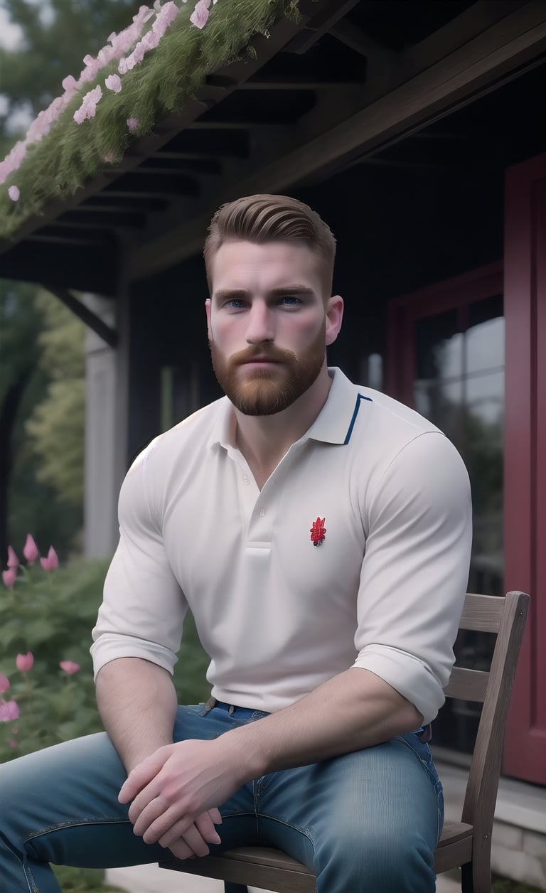 (masterpiece, only realistic, realistic professional unreal engine, cel-shaded), image of a realistic perfectly-drawn firm focused on a handsome man, his name is maddox, from side:1.2, sitting on a chair at the porch outdoors , wearing well-rendered masculine (red) shirt on masculine large denim on, symmetric male sneakers on, happy, from side, side view, realistic masculine sitting on chair from side movement, symmetric limbs, intricate masculine handsome gingerbeared hair head face nose from side, looking to the side of scene, very serene,  white-wooden house, garden, topiary, flowers, wide serene garden, leaves, sun rays, spring , beautiful bright day, smooth, realistic, real, highres imge scan, nice side camera view perspective matching full scene photo, vibrant matte colors, softglow effect, 8k resolution, 
