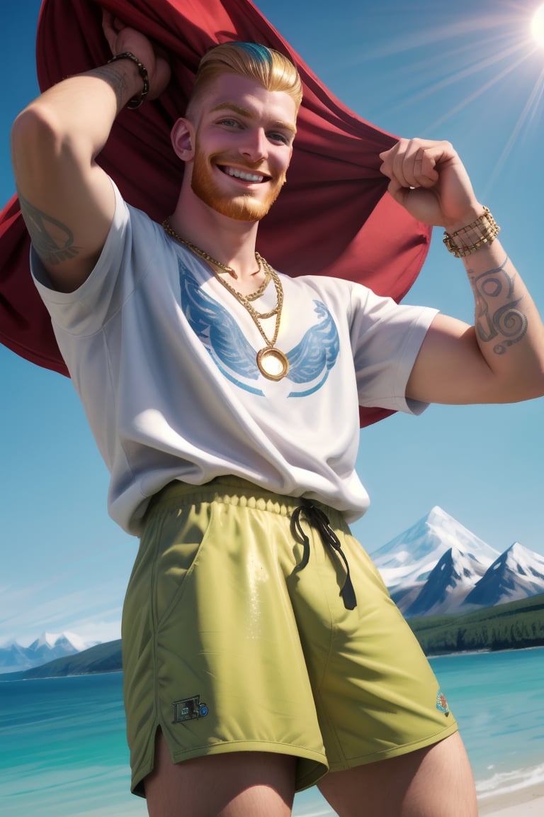 Close-up shot of Lantzer's beaming face, his 30-year-old features radiating joy. Ginger beard and undercut hairstyle frame his prominent cheekbones. Pale complexion glows under the stunning sea and vibrant spring sky in Alaska. Soft-glow effect casts a warm, matte light on his tattooed arm and broad shoulders. Bling-adorned necklace sparkles against the baggy nylon shorts and large male chav jersey. Lantzer's happy, nice, and handsome, exuding an ultra-happy atmosphere of fun under the intense sun.,SD 1.5,base model
