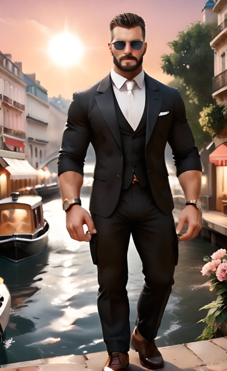 (masterpiece, realistic, unreal engine, high quality) a perfectly-drawn image of a man, uhd, intricate, realistic, tall, English, 27yearold, wearing well-rendered fully-clothed muscular full blackandwhite tuxedo on, masculine shoes on, prominent cheeks, palebrown beard, Mafia male style, perfectly rendered male large sunglasses on as in mafia, side-posing, big hands, large golden wristwatch, realistic Vienna in Italy background, sunset, pink and orange sky, colorful italy buildings, water cannal river with boats, depth of field, realistic, photo, highres image scan, associated press, centrefold firm male focus, smooth clear clean, high-definition, no crop, falko, falk0man, 