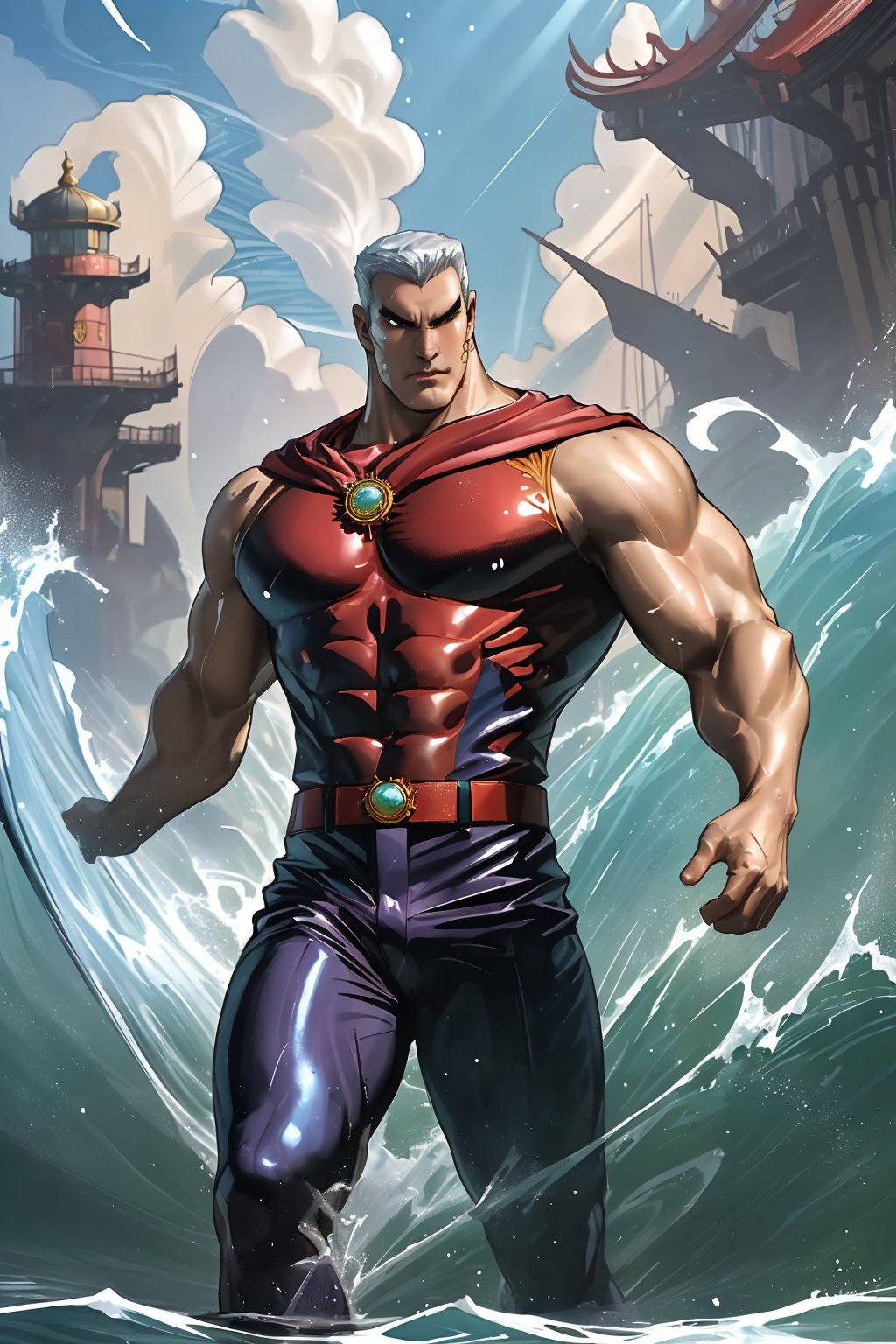 Here is the SD prompt:

Baicinan\(seatiger\), majestic hero in motion, stands tall and powerful as he hovers over the ocean's waves. His well-rendered herowear glistens in the sunlight, large cape billowing behind him like a triumphant banner. The water churns with outstanding effects, foamy whitewater splashing beneath his feet. In the soft-focused background, a distant Chinese coastal cityscape unfolds, cel-shaded and ray-traced to perfection, its reflections rippling across the surface like diamonds on black silk. Powered by Unreal Engine 5, this action-packed CGI masterpiece exudes professionalism and excellence.