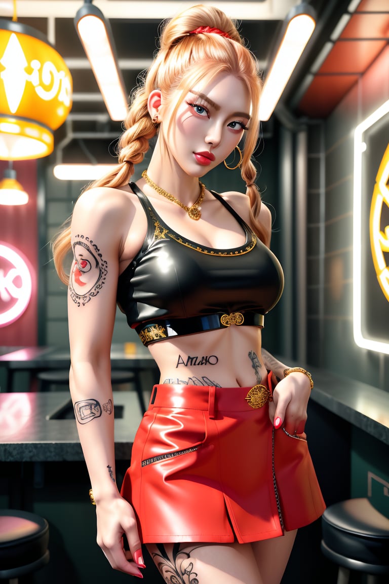 Prod1gy, a stunning Korean female model, flaunts her slender physique and vibrant sienna hair braids adorned with bling ornaments. Her truly pale Asian complexion glows softly under intense lighting, accentuating her youthful features. She proudly showcases her new arm tattoos within the realistic tattoo parlour setting, surrounded by intricate details: tattoo posters on walls, objects, stool, and professionals in the background. Captured through a Leica 85mm lens, this majestic masterpiece exudes studio lighting perfection, showcasing Prod1gy in a fully-clothed yet striking chav-inspired outfit, complete with crop-top and plastic miniskirt.
