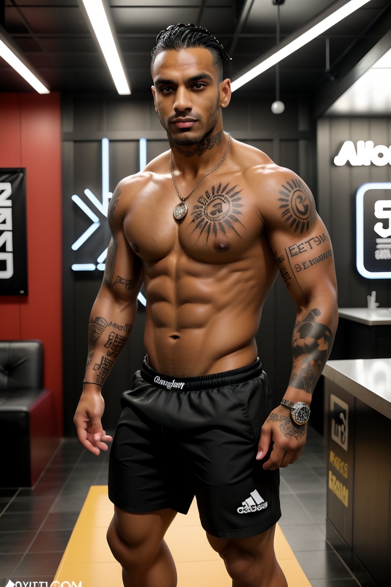 Prodigy, a dashing Latino soccer player, stands confidently in a realistic tattoo parlour setting. His masculine wavy hair and dark skin radiate charm as prominent cheekbones and a cleft chin add to his stunning male presence. He proudly displays his chest and arm tattoos while wearing well-rendered chav nylon Adidas shorts. The background features accurate decorations like tattoo ink, sketches on paper, and a mirror, creating a truly cool professional realism masterpiece.