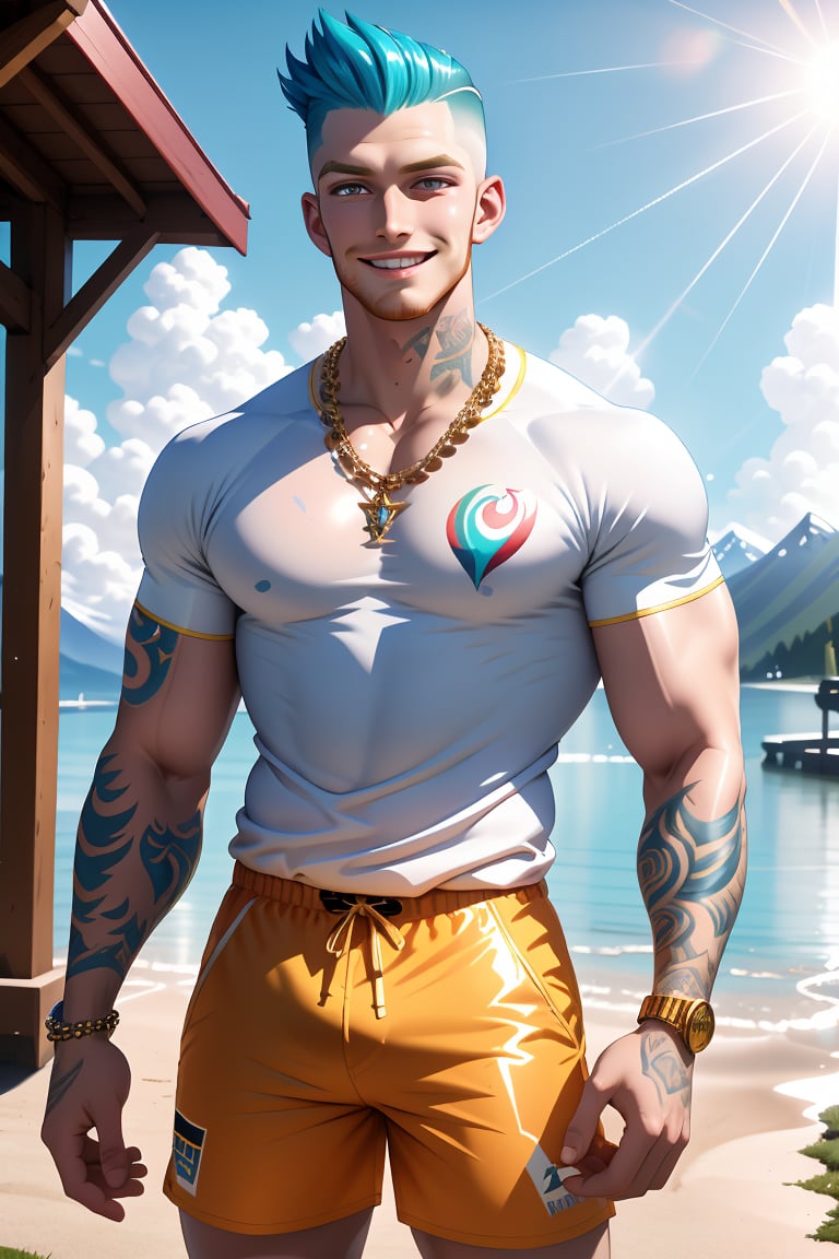 Close-up shot of Lantzer's beaming face, his 30-year-old features radiating joy. Ginger beard and undercut hairstyle frame his prominent cheekbones. Pale complexion glows under the stunning sea and vibrant spring sky in Alaska. Soft-glow effect casts a warm, matte light on his tattooed arm and broad shoulders. Bling-adorned necklace sparkles against the baggy nylon shorts and large male chav jersey. Lantzer's happy, nice, and handsome, exuding an ultra-happy atmosphere of fun under the intense sun.,SD 1.5,base model