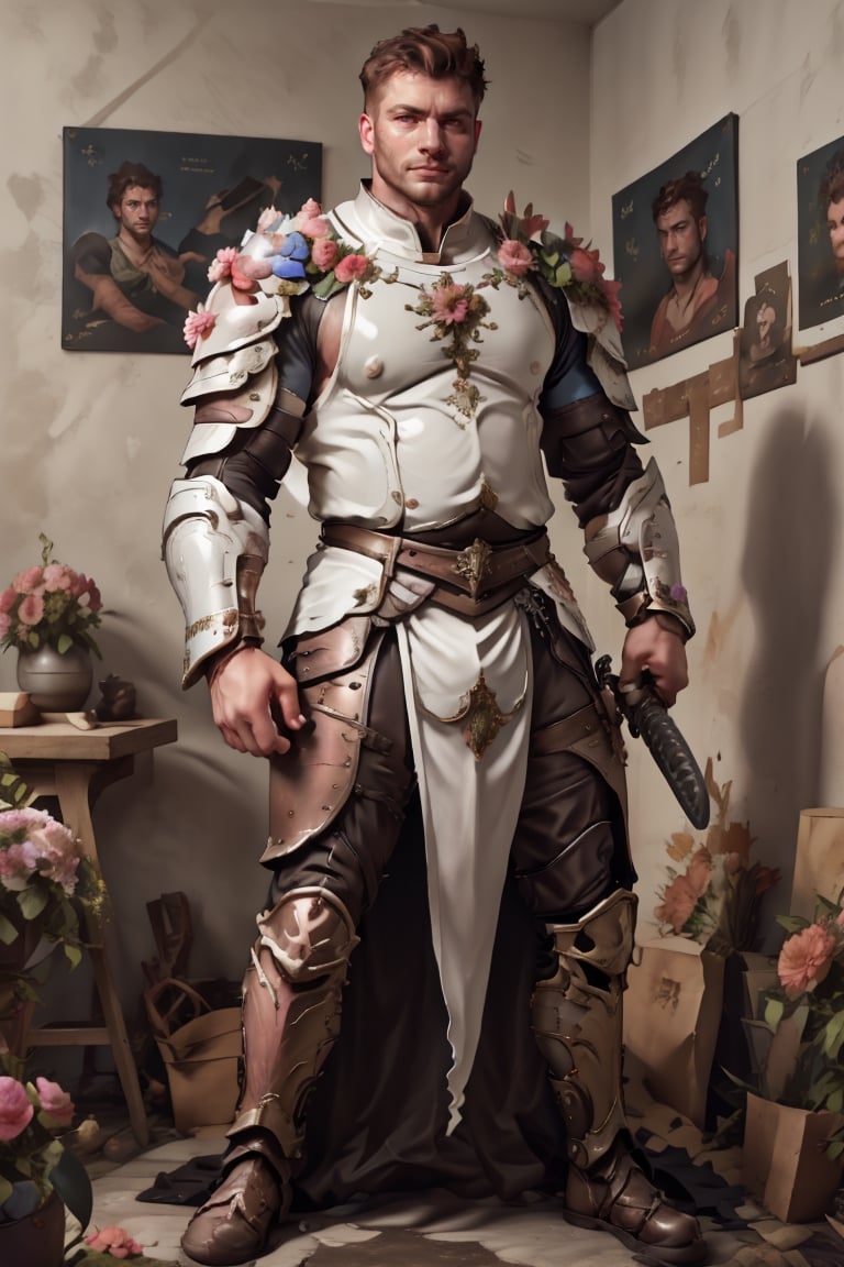 full armor, wearing armor, armor, 1man, pink bedroom background, wearing mini white skirt, slender boy , shy face  , dark hair , cute face , brown eyes, man body, sweaty body , sexy face, pink florest backwards , Greek skirt , full male body, male  ,flower4rmor,thicc , well done details, full of details , smooth clear clean creative masterpiece, softglow effect, highres image scan, associated press,battoujutsu , ,b33rb3lly