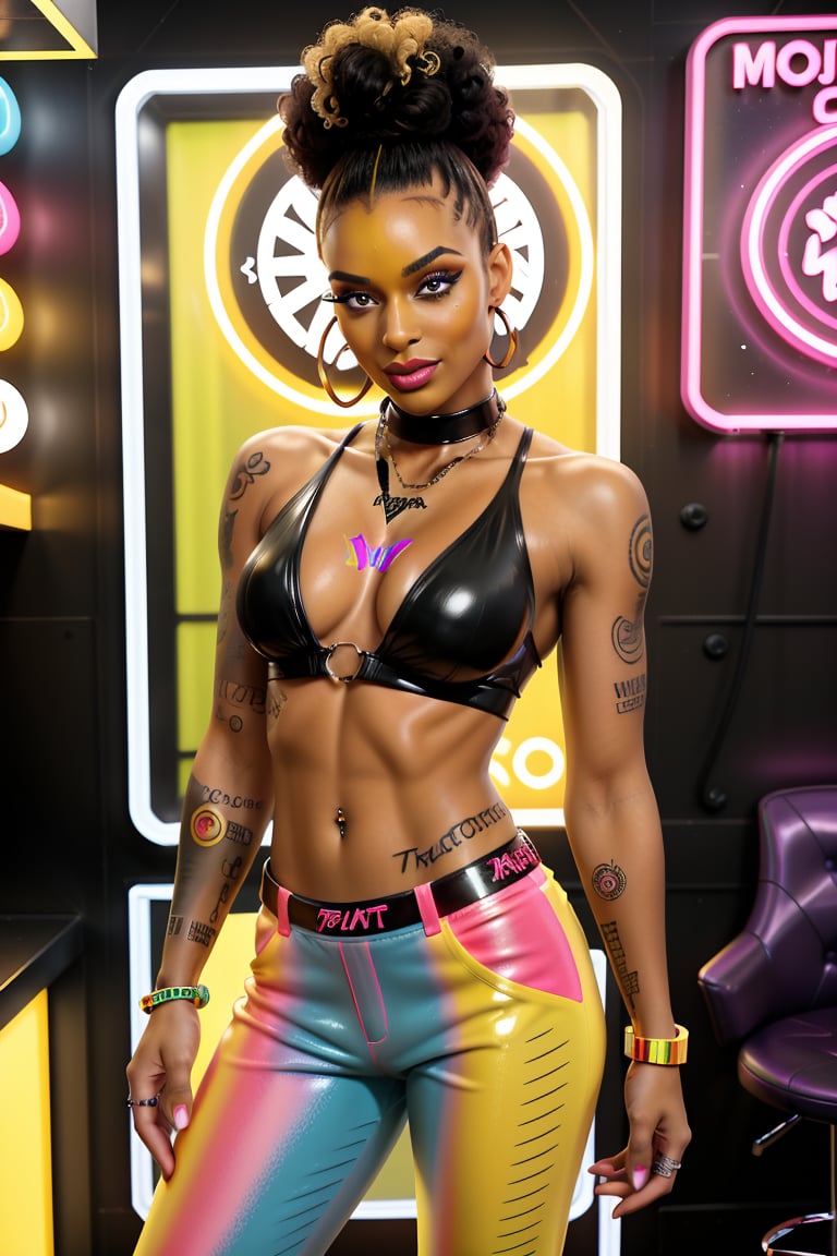 Prodigy stands confidently inside the aphro-futuristic tattoo parlour, her dark matte skin glistening with a modern sheen. Her afro hair is styled to perfection, and yellow lipstick adds a pop of vibrancy. She wears a well-rendered mini-top and chav pants that accentuate her toned physique. Her new holographic neon arm tattoo contrasts strikingly against her skin, powered by majestic ActionVFX:1.2. The trendy parlour features tattoo elements as posters, mirrors, and objects in a super cool, original modern style, with an air of high-energy professionalism.