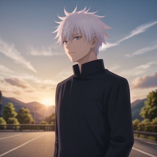 (best quality,4k,8k,highres,masterpiece:1.2),ultra-detailed,jujutsu Kaisen, Satoru Gojo, white hair, cinematic,white collared shirt,upper body,standing on the road,sky,cloud,illustration,detailed wrinkles,menacing expression,beautiful detailed eyes,Jujutsu Kaisen,<lora:659111690174031528:1.0>