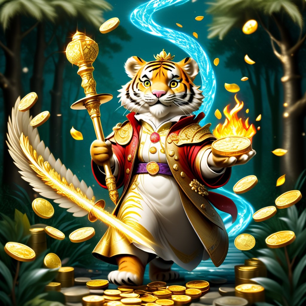 TIGER ANGEL HENRY dressed in very elegant clothes carrying a fire sword in his right hand and a water sword in his left hand walks on a path of solid gold coins, many gold coins and riches around it looks like treasures everywhere and trees in the background full of leaves of money bills,christmas