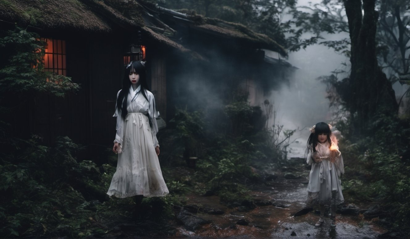 (two lolis, (scary appearance, long black hair, battered and disheveled hair), (white eyes, white sclera), ( style of fatal frame),(scenes in a large, run-down and scary traditional Japanese village),(gloomy and dark village),(scary village),(mysterious and supernatural  world), different locations, 
(sexy ghost girls,sensual feminine spirits,sexy naughty vampires,pretty living doll),
teenage girls,dynamic poses,adventures,((daytime scene,daytime,poor lighting,daylight),(cloudy weather),(rainy weather),
gloomy and dark places,dark and scary forest,spooky landscapes,
puddles of water,dust,smoke,fire,steam,fog, mist,(shadowy and dark environments),(terrifying landscapes),outdoor and indoor scenes,terrifying and supernatural aesthetics,
traditional japanese aesthetics,horror aesthetic,perfect lighting,shadows,
sharp focus,centered shot,slide shot, full - shot, full-shot,a wide full shot,in a medium full shot,great contrast, great sharpness, 8k high definition, insanely detailed, intricate, masterpiece, highest, quality, photo-realistic,
