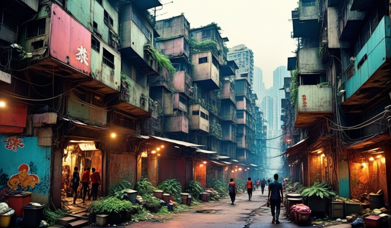 Alley with many people walking, in a huge cavernous iron city, slums, large poor buildings, poor buildings, in a ruined cityscape,
Scrapyard architecture, incredibly detailed, stunning visual, in a tropical and dystopian city, walled city style
Kowloon, an opulent favela environment,style of dreamypetra,newhorrorfantasy_style