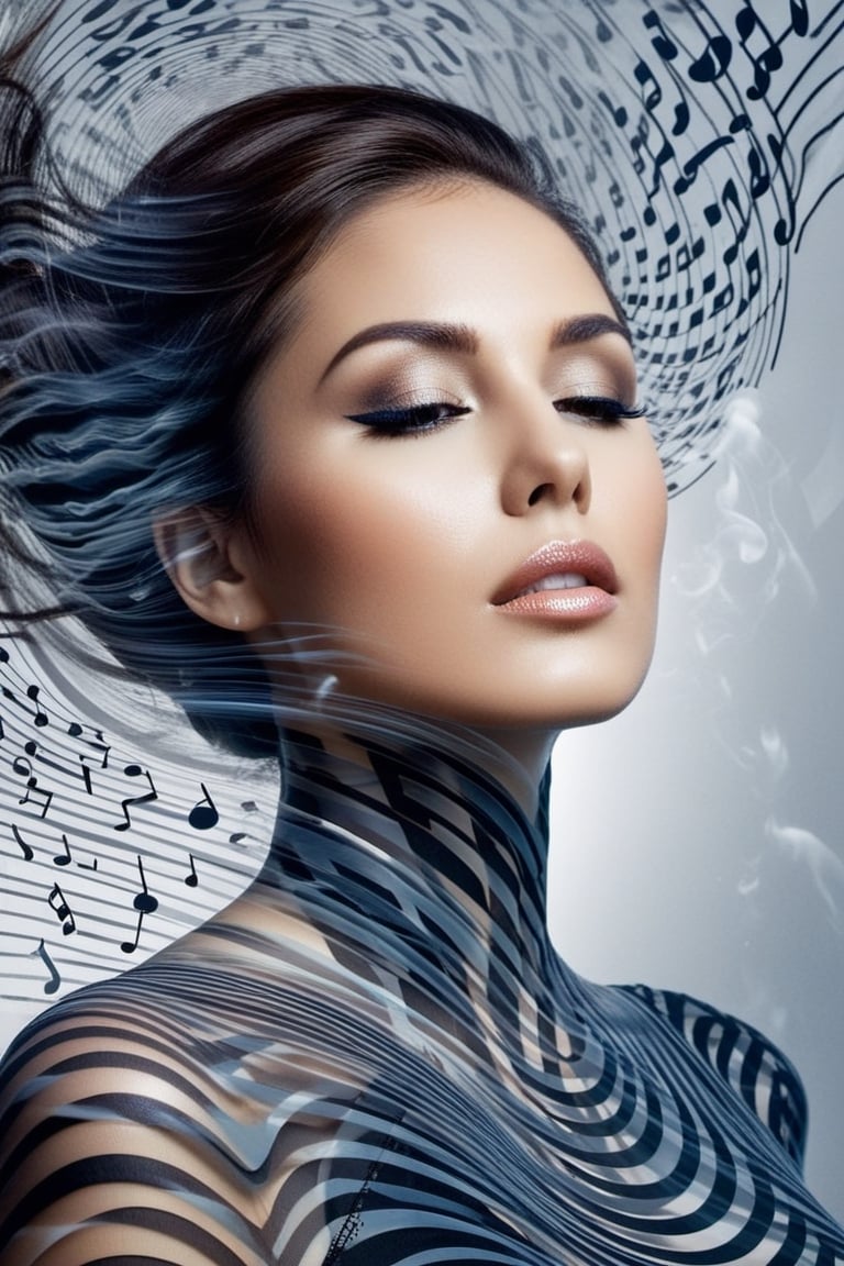 Ideogram, double exposure,

musical notes in the air. sound waves. woman who exudes elegance,

3/4 length portrait,

inspired by electric expressionism with swirls,

embodied within electrical art,

musical notes. symphony,

by Dreamer,

ultra fine