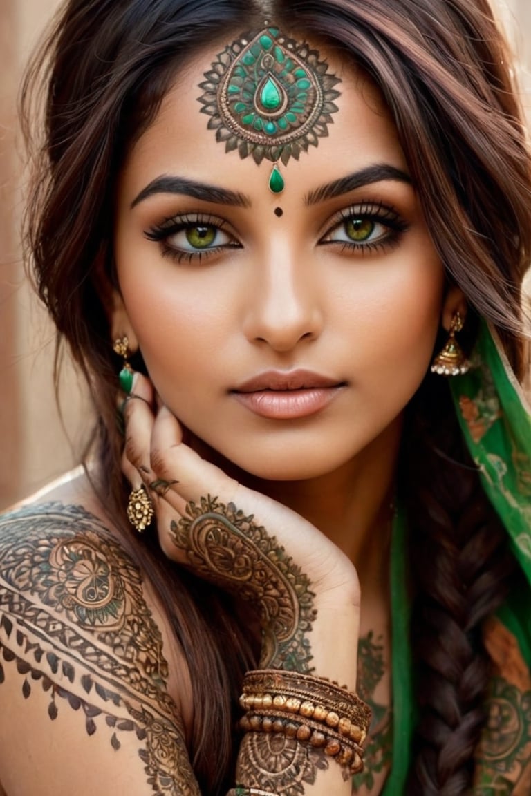 Beautiful Indian art. A painting of a beautiful Indian woman, very detailed face, soft green eyes, porous skin, hyperrealism, with multiple tattoos of beautiful henna Mehndi colors. by dreamer, photorealistic, taken from a movie, everything very detailed, face, body, gives a feeling of realism