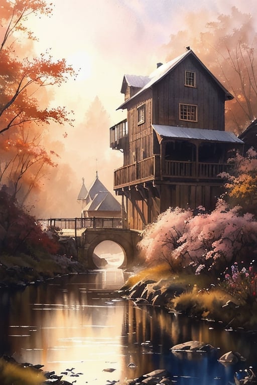 Watercolor painting of a dreamy spring scene in the style of Willem Haenraets,

with a beautiful water mill, with a ferris wheel,

next to a stream that reveals the rock bottom,

all wrapped in a profusion of vibrant flowers,

using soft and bright colors,

soft focus,

centered,

shadow effect,

glitter effect,

intricate details,

Very detailed,

by Greg Rutkowski,

trend on ArtStation,

glitter effect,

soft focus,

watercolor,

brushstrokes worthy of the best watercolorist,

exhibition Greg Rutkowski, Willem Haenraets