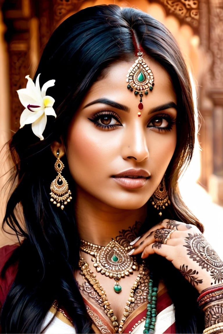 Beautiful Indian art. A painting of a beautiful Indian woman, very detailed face, porous skin, with multiple tattoos of beautiful henna Mehndi colors. by dreamer, photorealistic, taken from a movie, everything very detailed, face, body, gives a feeling of realism