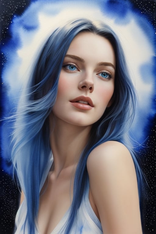 Beautiful modern girl, blue and white, long hair, portrait, hyper-realistic watercolor, high definition, masters of painting, unique beauty, background of many stars, sky, dark blue, 4k.