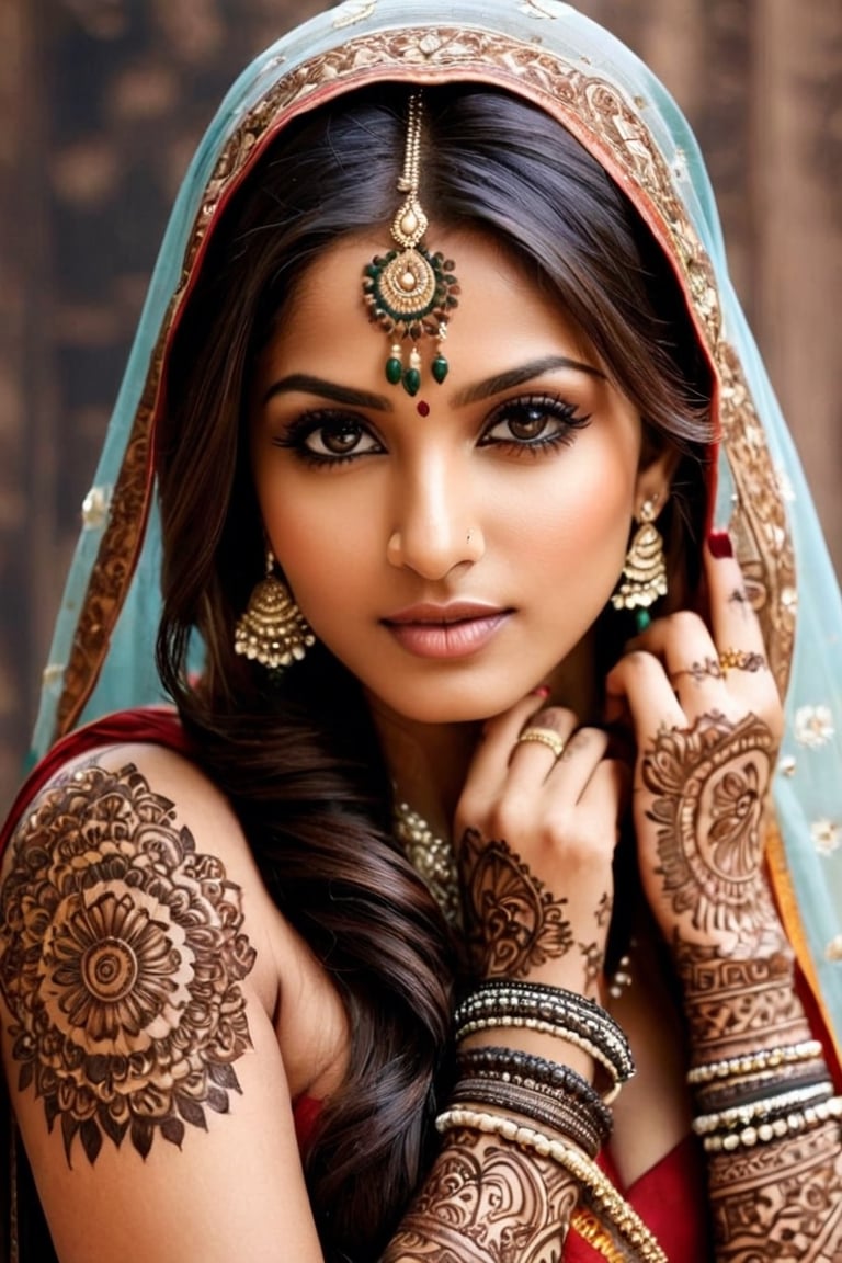Beautiful Indian art. A painting of a beautiful Indian woman, with Mehndi henna tattoos. by dreamer, photorealistic, taken from a movie, everything very detailed, face, body, gives a sensation of realism