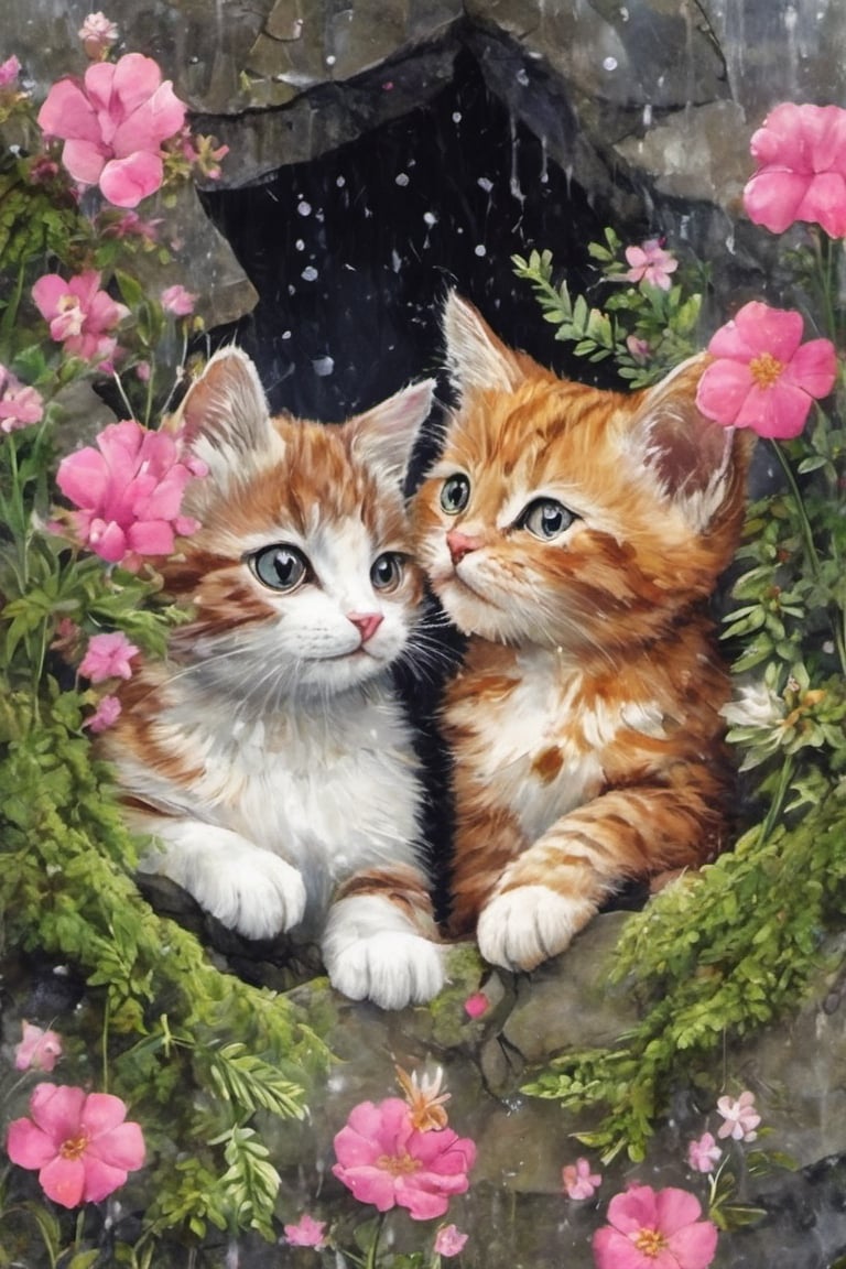 Two little cats open a hole in a stone wall with moss, while the rain continues to fall,

small pink flowers small fern leaves artistic fantasy with painterly texture,ink 