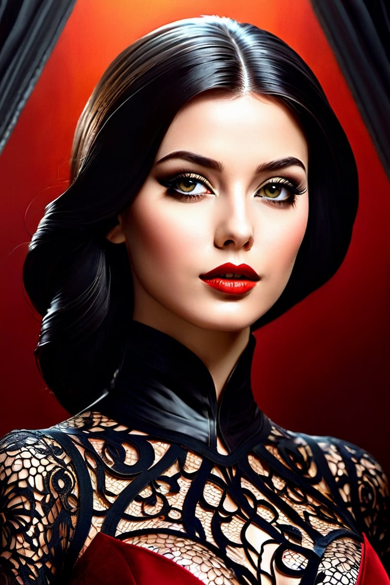 Beautiful woman with black lace; soft gray eyes, deep red lips

David Alfaro Siqueiros,


dreamy warm lighting,

matte background,

volumetric lighting,

pulp adventure style,

fluid acrylic,

dynamic gradients,

strong color,

illustration,

Very detailed,

simple,

smooth and clean vector curves,

vector art,

smooth,

johan grenier,

character design,

3d shading,


movie,

ornate motifs,

elegant organic frame,

hyperrealism,

posterized,

masterpiece collection,

bright and lush colors,


darkness,

alcohol paint,


intricate art masterpiece,

ominous,

matte painting movie poster,

golden ratio,

trends in CG society,

intricate,

epic,

trend in artstation,

by artgerm,

h. r. giger and beksinski,

Very detailed,

vibrant,

representation of production film characters,

ultra high quality model,

isometric,

digital art,

3D rendering,

octane rendering,

volumetric,

by greg rutkowski,photo r3al