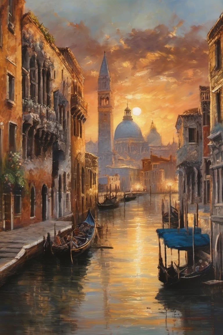 Landscape painting of ancient Venice,

beautiful sunset,

the sun reflects on the water,

bucolic afternoon over Venice,



Italy. saws. city ​​in the background. wide angle. High detail. paint on canvas,

very detailed, reflections,

a painting by the best painter on canvas,

of exposition,