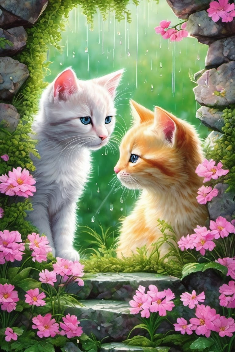 Two little cats open a hole in a mossy stone wall, while the rain continues to fall,

very detailed texture, of great pictorial beauty,

pastel colors, sun and shadows,

photorealistic,

small pink flowers little fern leaves artistic fantasy with painterly texture,

of great beauty and tenderness,ink 