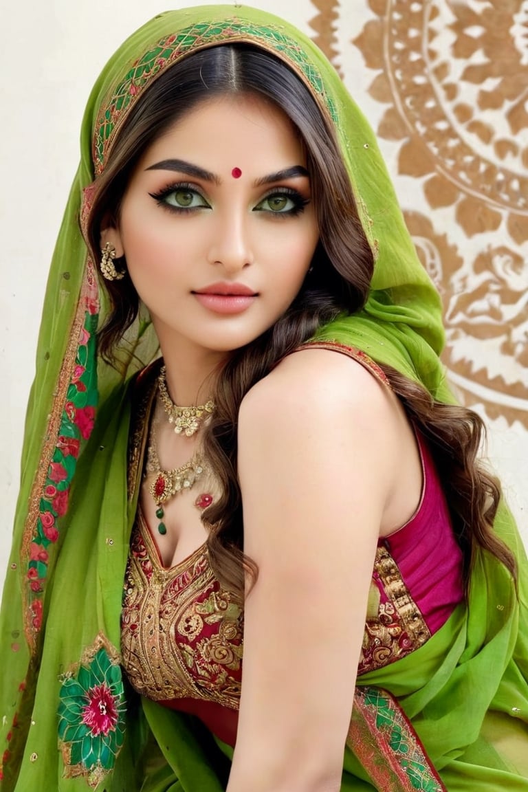 Beautiful Indian art. A painting of a beautiful Indian woman, (((very detailed face, soft green eyes, porous skin, hyperrealism))), with multiple beautiful colored henna Mehndi tattoos. by dreamer, (((photorealistic, taken from a movie, everything very detailed, face, body, gives a feeling of realism))),h4n3n