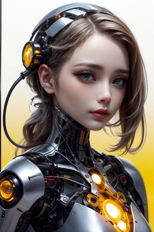 profile photo, in front of the yellow wall, Asian cyborg woman without body, connected by cable, Twisted cable and wire and LED, Charming eyes bodypunk PLC robot、silver motor head, with ray gun, 80 degree field of view, art by：sergio lopez, natalie shau, James Jean and Salvador Dali, (Yellow background:1.5),cyborg ,Cyborg,amber 